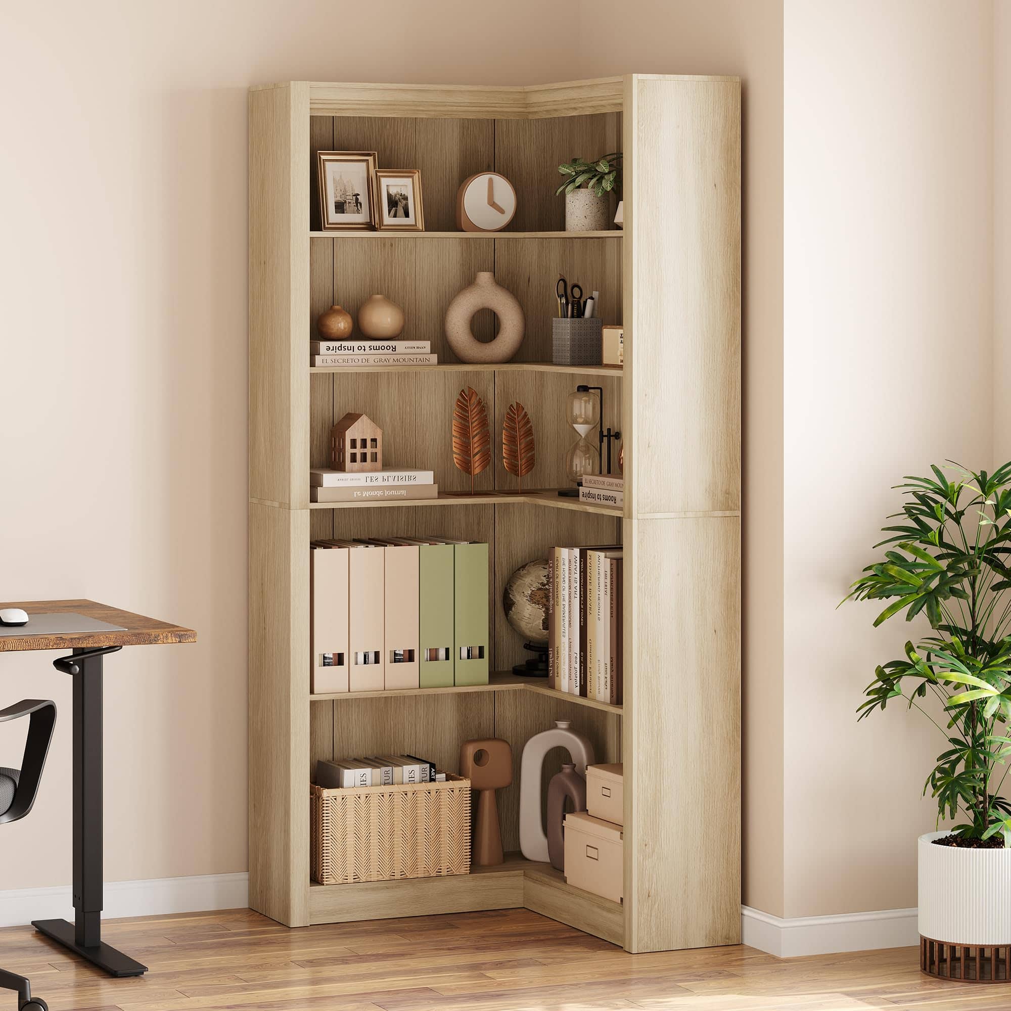 Jojoka - 71.8" Farmhouse Corner Bookcase, 5-Tier L-Shaped Wooden Bookshelf with Storage for Living Room, Office, or Bedroom - Oak