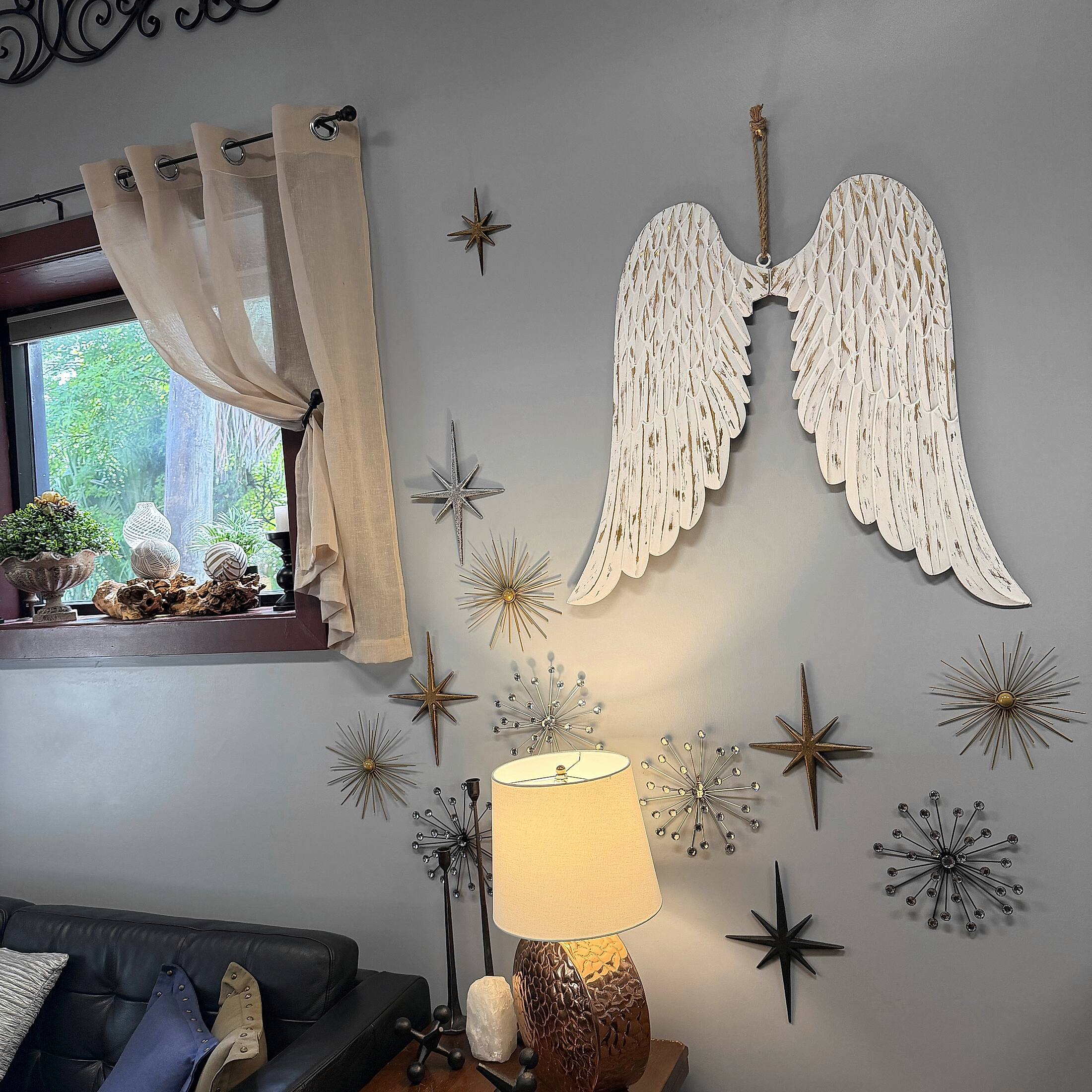 Alt View 5. Zeckos - Metal Angel Wings Wall Sculpture Distressed White with Gold Accents 34 Inch Wide - White.