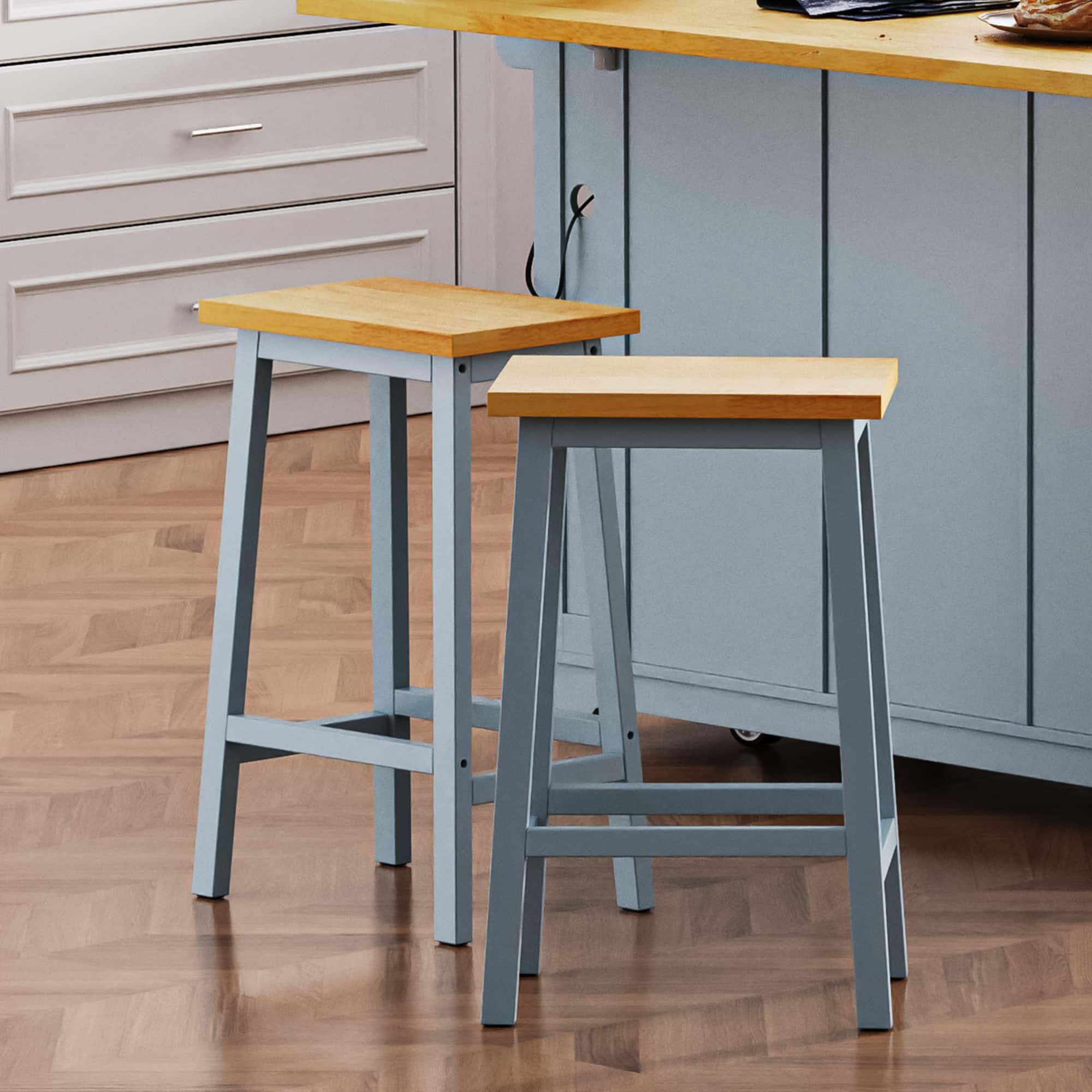 GOODSILO - Set of 2 Solid Wood Bar Stools with Footrests, Farmhouse Style Counter Height Stools - Grey-Blue