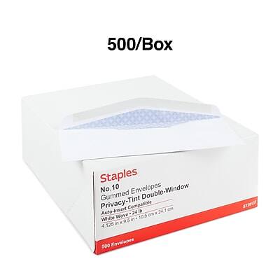 500/Box Staples No.10 Envelopes  
Gummed Privacy-Tint Double-Window  
Auto-Insert Compatible  
24# Wove  
10.5 in x 4.125 in  
125 mm x 95 mm  
3120137  
500 Envelopes