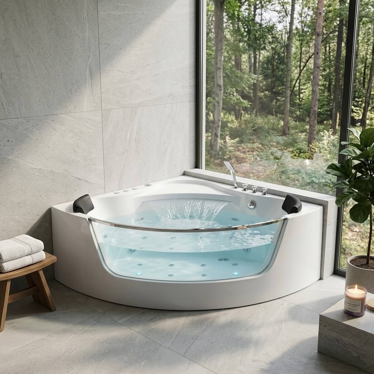 Angle. Loheer - Loheer Corner Whirlpool Bathtub for Two with Waterfall Faucet, Acrylic Jetted Spa Tub with LED Air Jets - White.