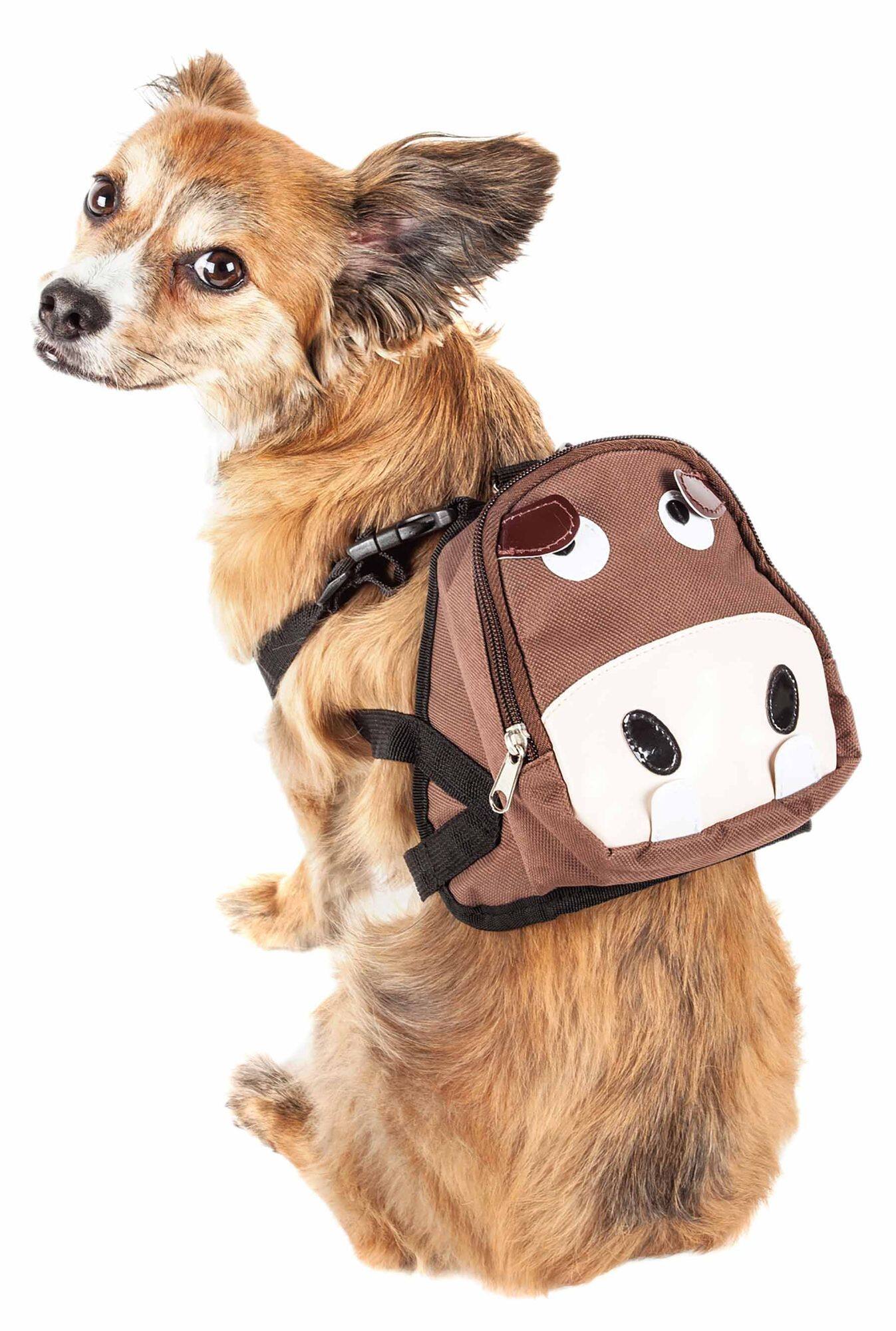 Front. KyyWee - kyywee'Mooltese' Large-Pocketed Compartmental Animated Dog Harness Backpack - brown.