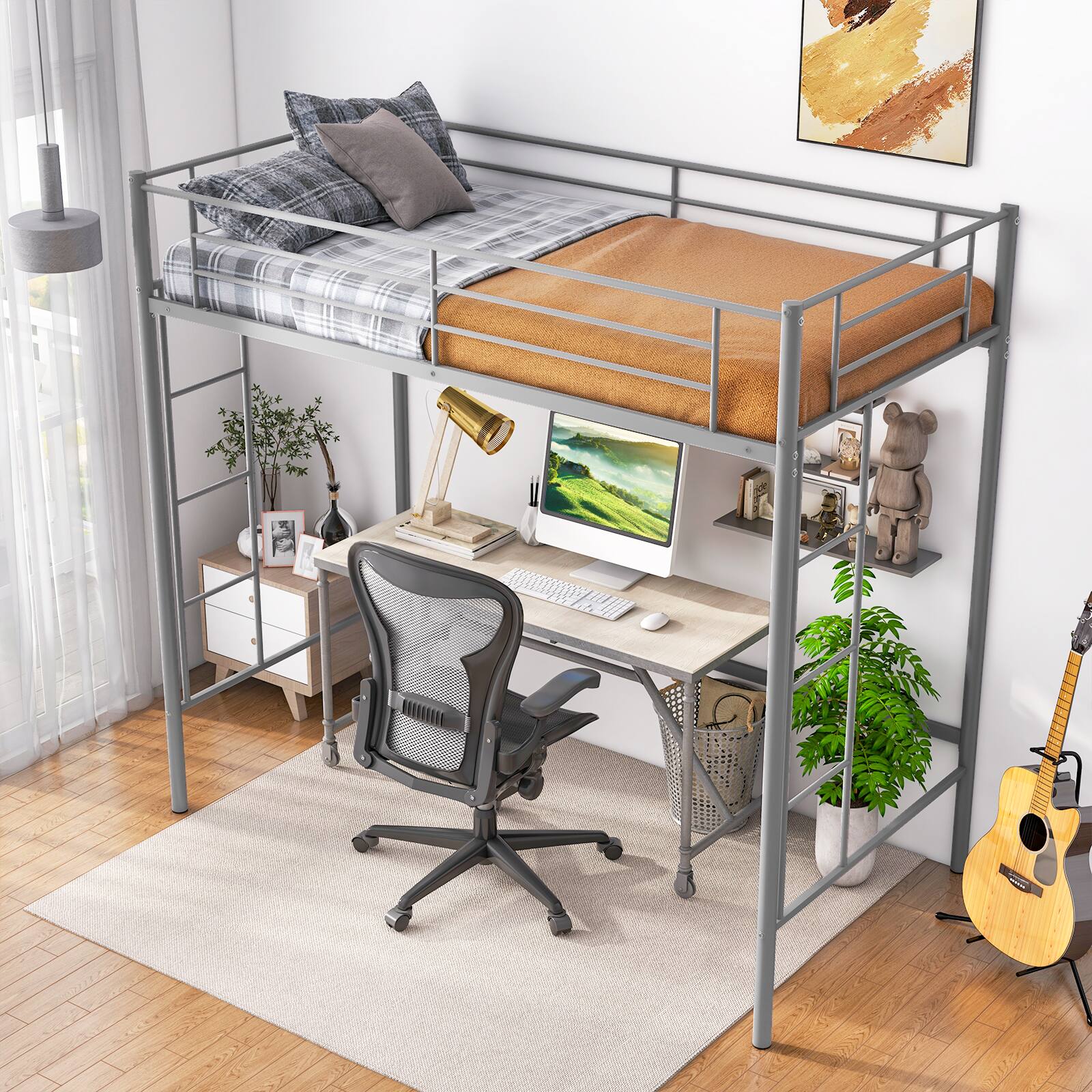 Alt View 5. Costway - Twin Size Loft Bed Heavy Duty Metal Loft Bed Frame with Safety Guardrail - Silver.