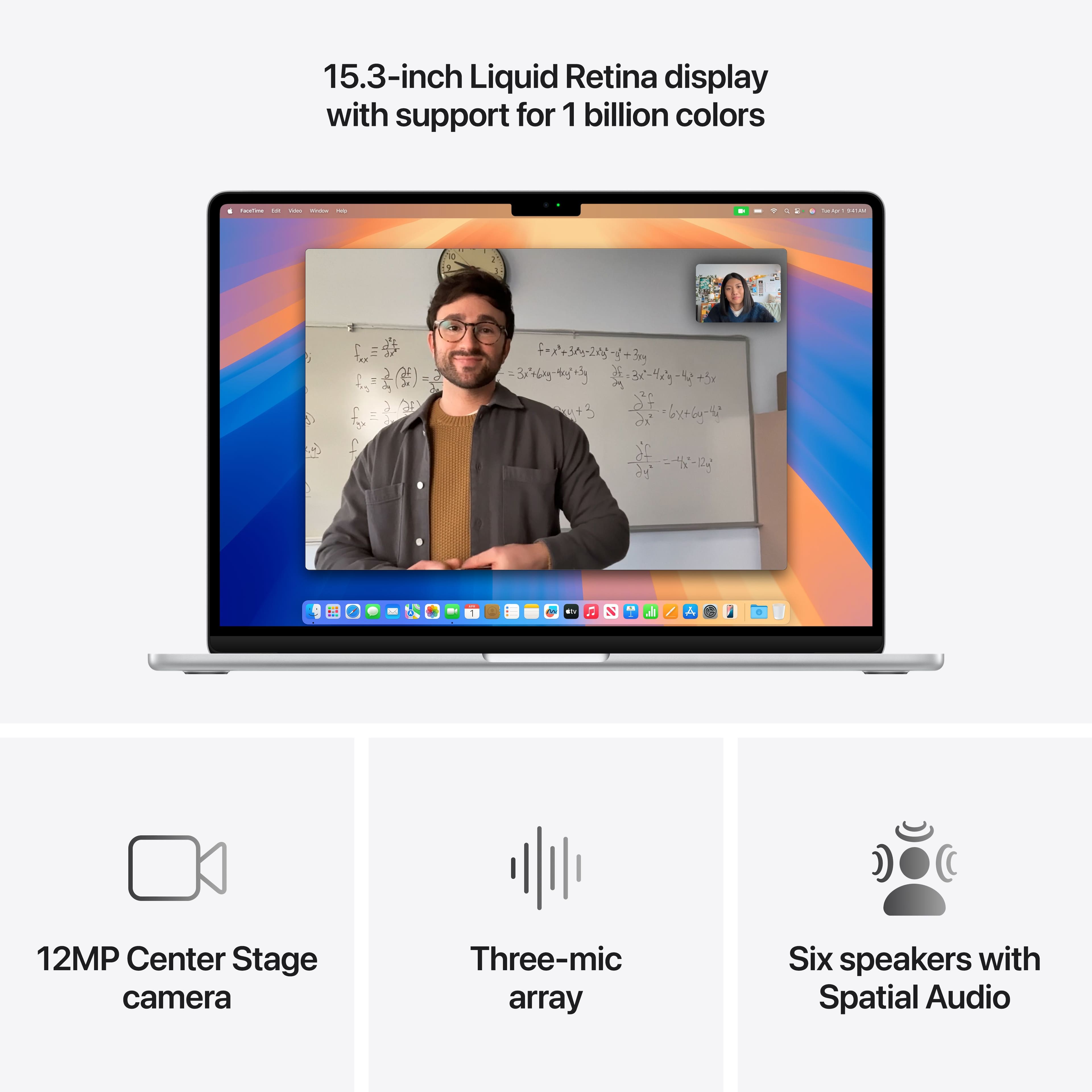 15.3-inch Liquid Retina display with support for 1 billion colors
12MP Center Stage camera
Three-mic array
Six speakers with Spatial Audio