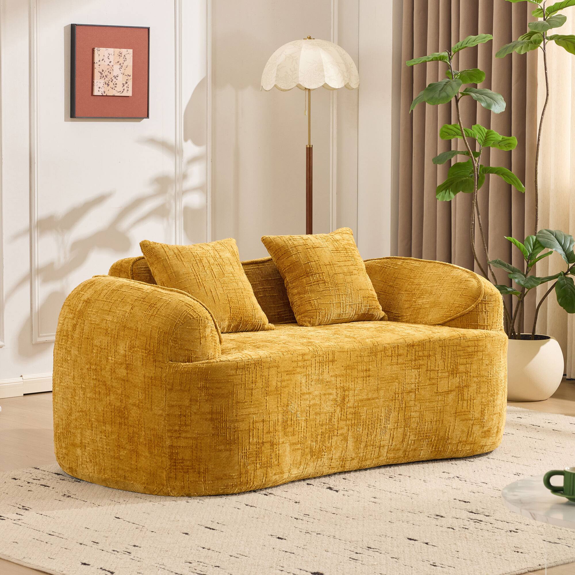 Left. GOODSILO - Curved Two-Person Compression Sofa with Pillows for Small Spaces - Yellow.