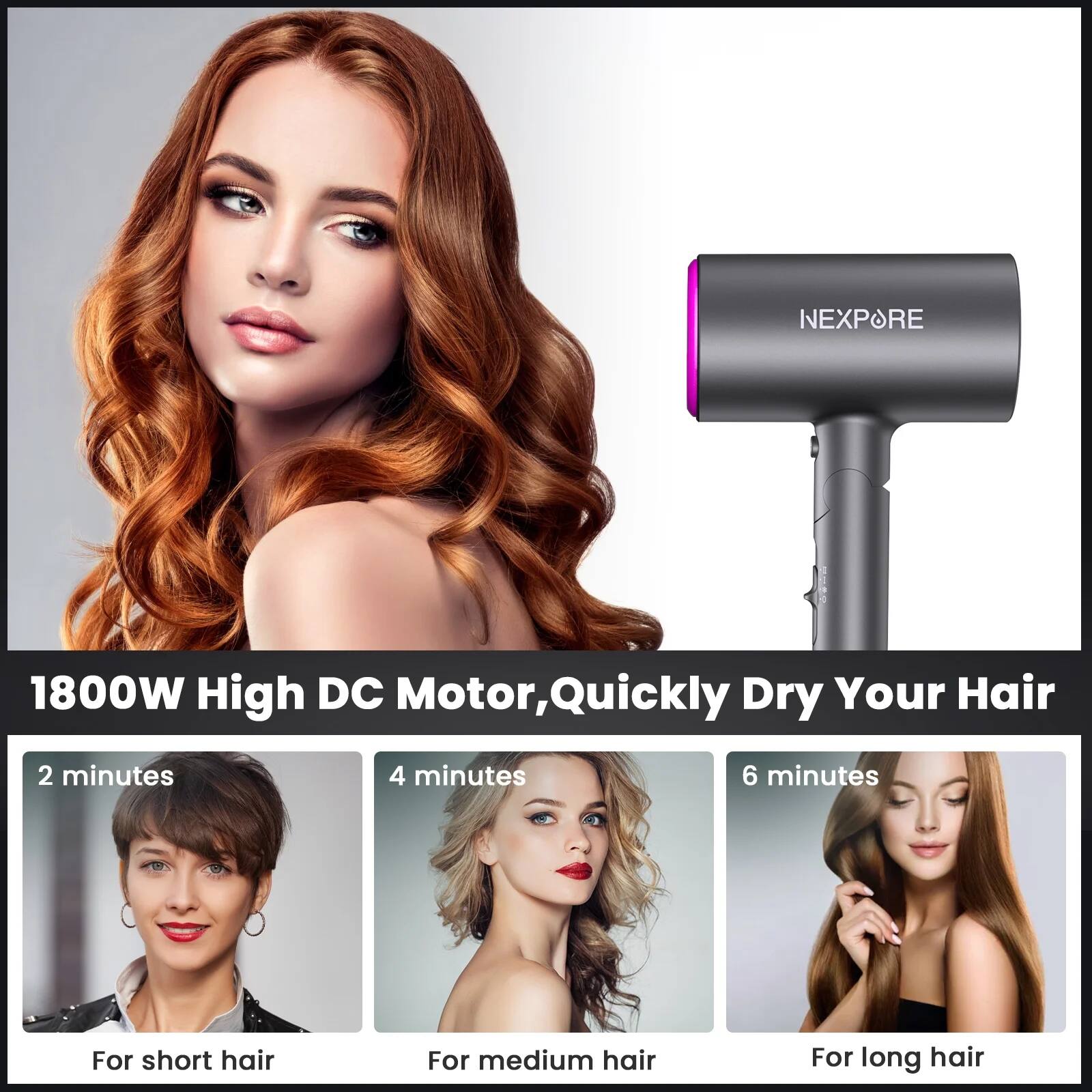 NEXPORE 1800W High DC Motor, Quickly Dry Your Hair

- 2 minutes: For short hair
- 4 minutes: For medium hair
- 6 minutes: For long hair
