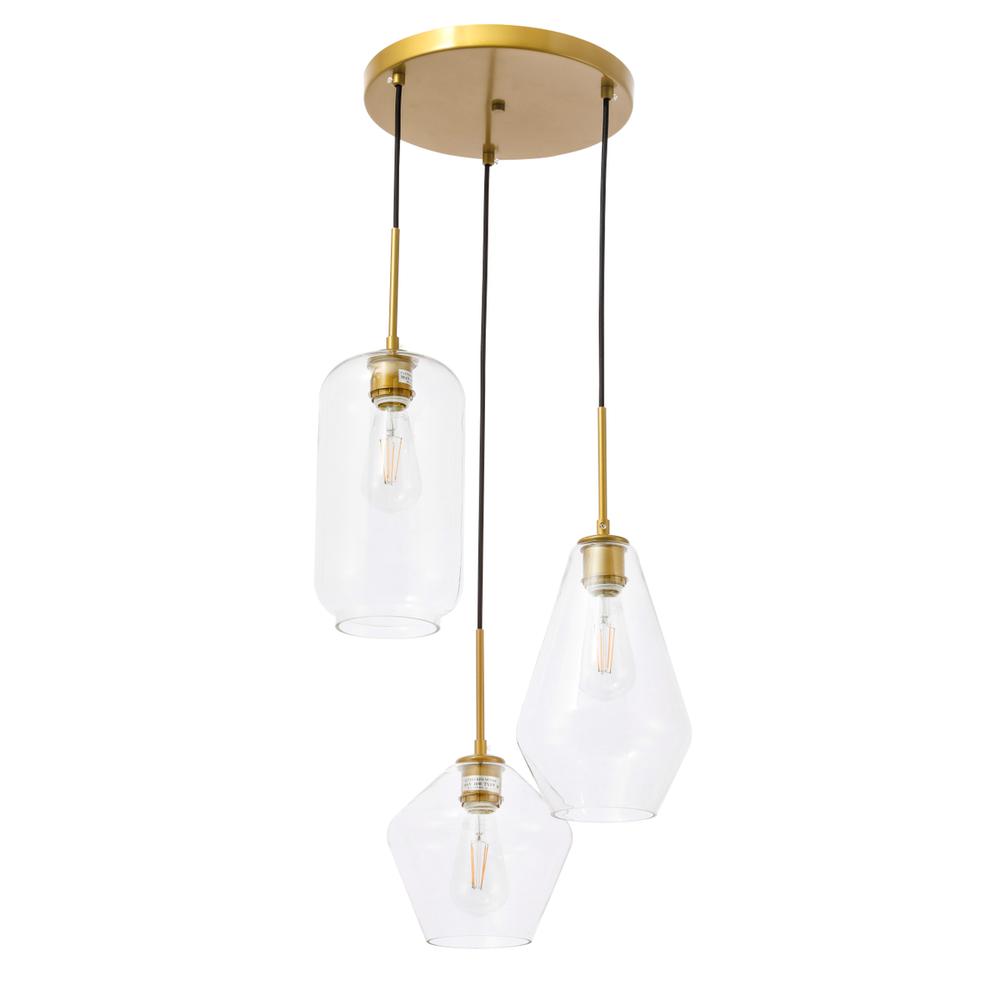 Alt View 6. Living District - Gene 3 light Brass and Clear glass pendant - Brass And Clear Glass.