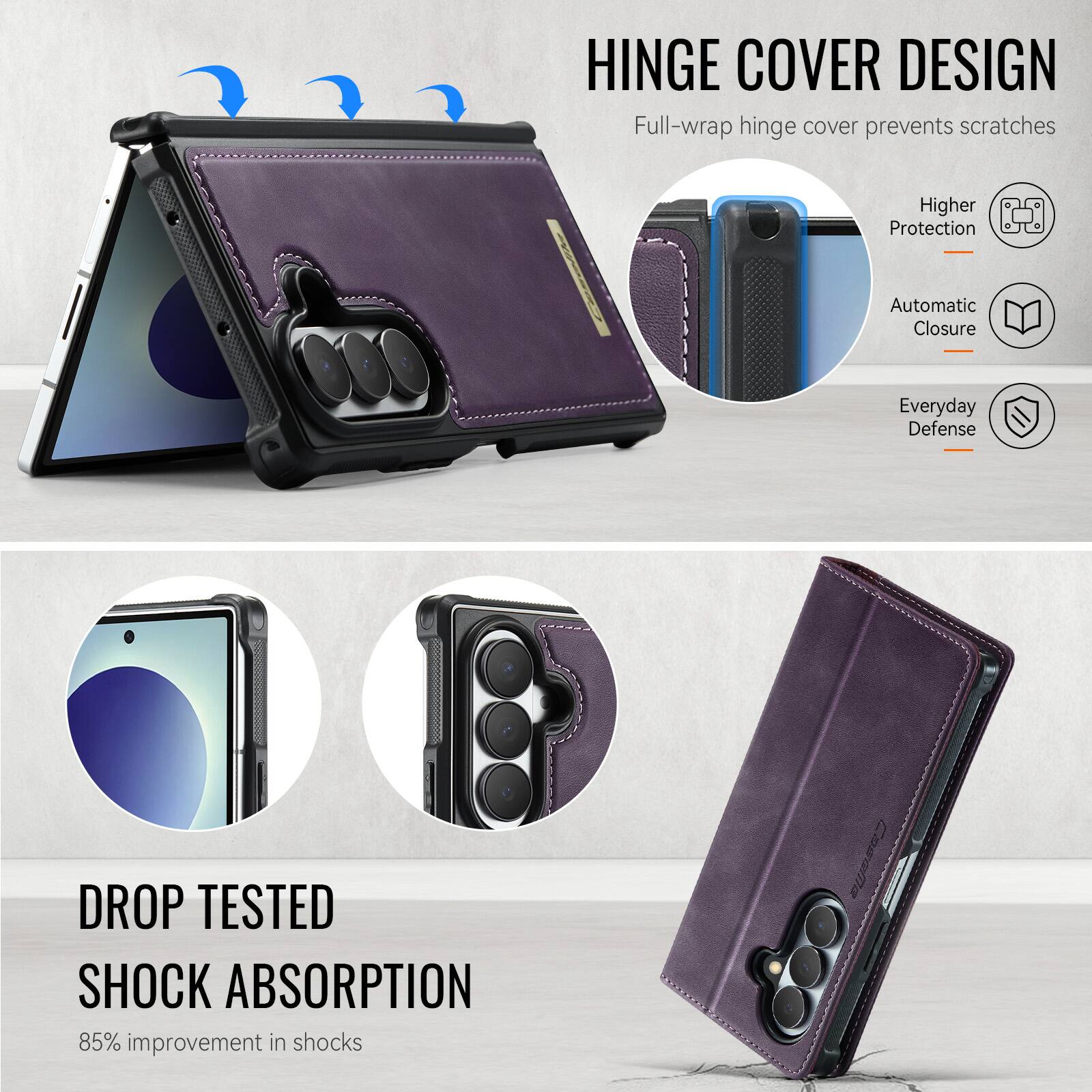 HINGE COVER DESIGN  
Full-wrap hinge cover prevents scratches

Higher Protection  
Automatic Closure  
Everyday Defense

DROP TESTED SHOCK ABSORPTION  
85% improvement in shocks