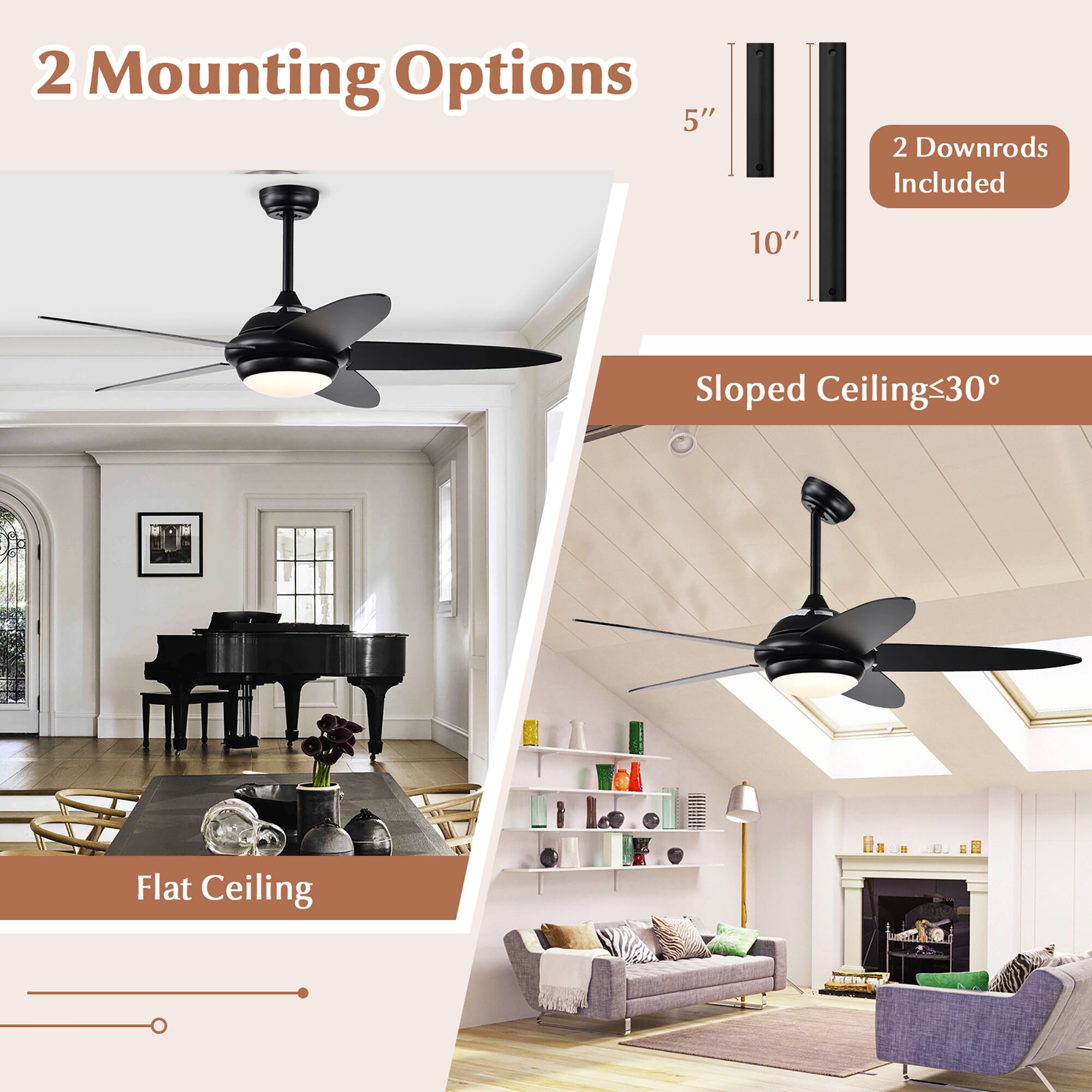 2 Mounting Options: 5" 2 Downrods Included 10" Sloped Ceilings 30 Flat Ceiling