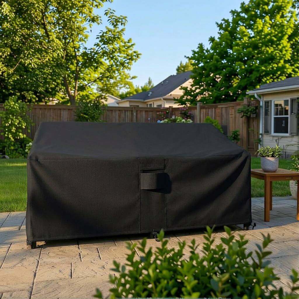 Left. KHOMO GEAR - Heavy-Duty Patio Sofa Cover, Waterproof Outdoor Furniture Protector, Fade & Weather Resistant – 32.5" H x 58" W x 31" - Black.
