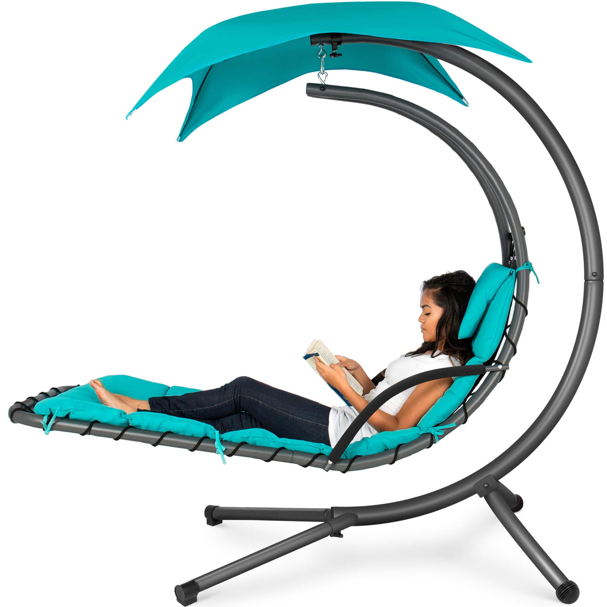Best Choice Products - Hanging Curved Chaise Lounge Chair Swing w/ Pillow, Shade, Stand - Teal