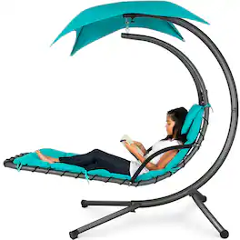 Best Choice Products - Hanging Curved Chaise Lounge Chair Swing w/ Pillow, Shade, Stand - Teal