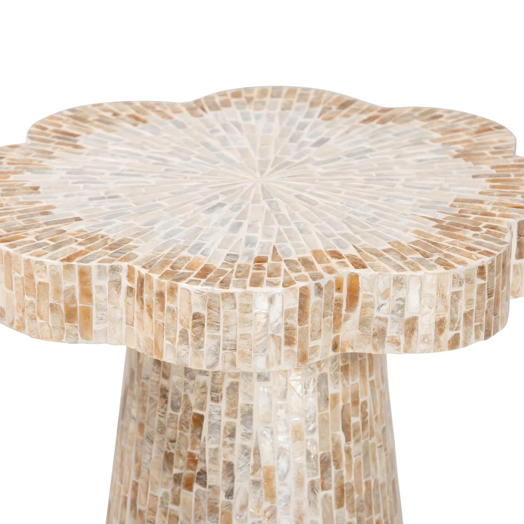 Left. bali & pari - Beile Capiz Shell Pedestal End Table - Mother of Pearl Scalloped Accent Table with Textured Inlay Surface - White/Champagne Beige.