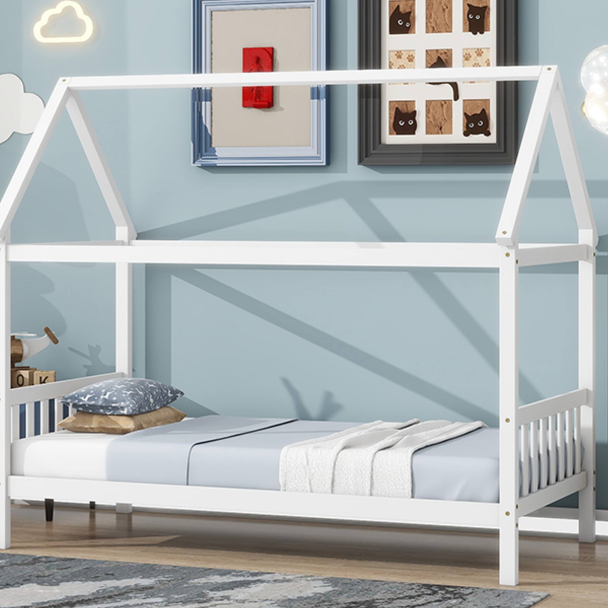 Alt View 6. GOODSILO - Twin Size House Frame Bed with Headboard and Footboard in Light Wood Finish - White.