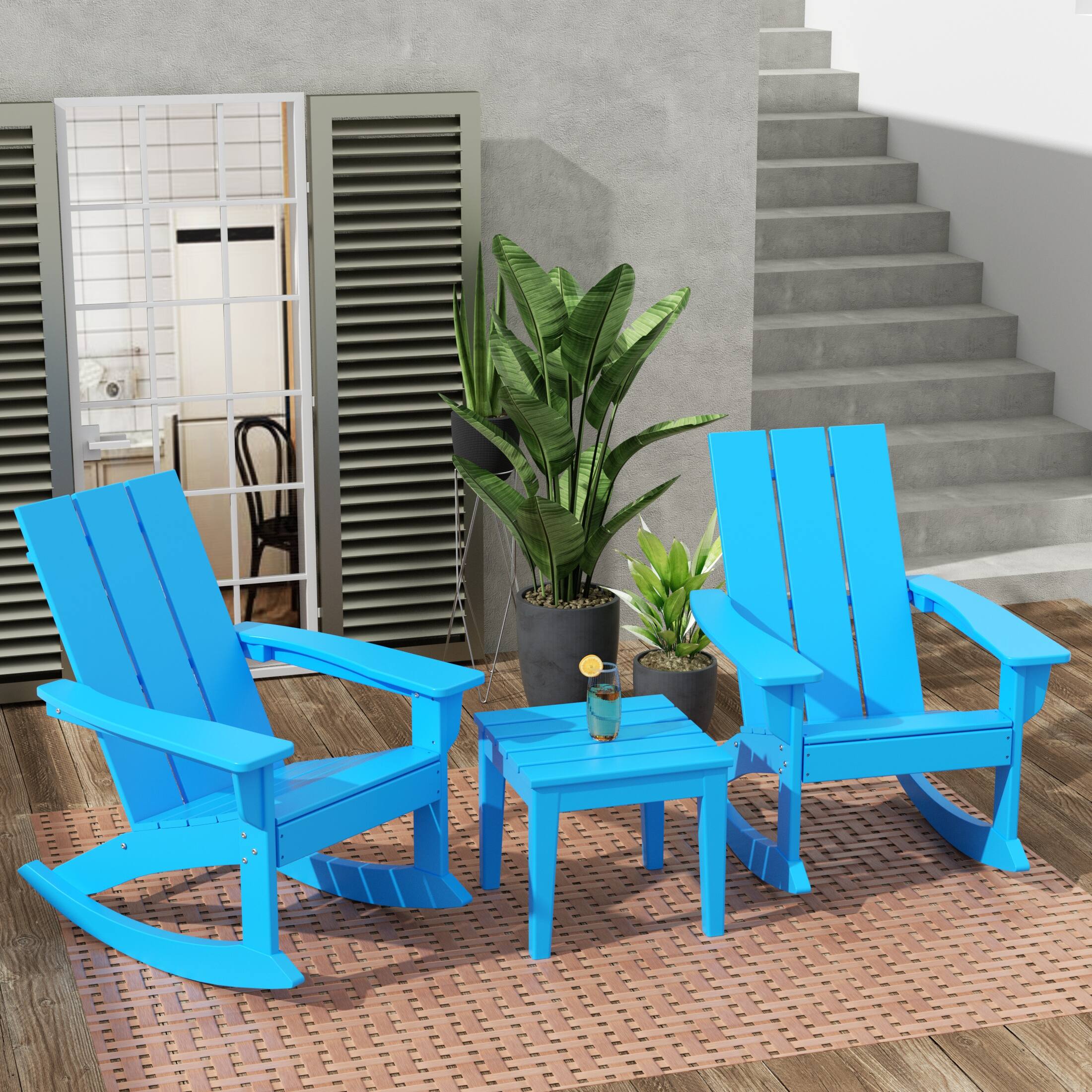 Angle. WestinTrends - WestinTrends Ashore Modern Rocking Poly Adirondack Chair With Side Table 3-Piece Set - Pacific Blue.
