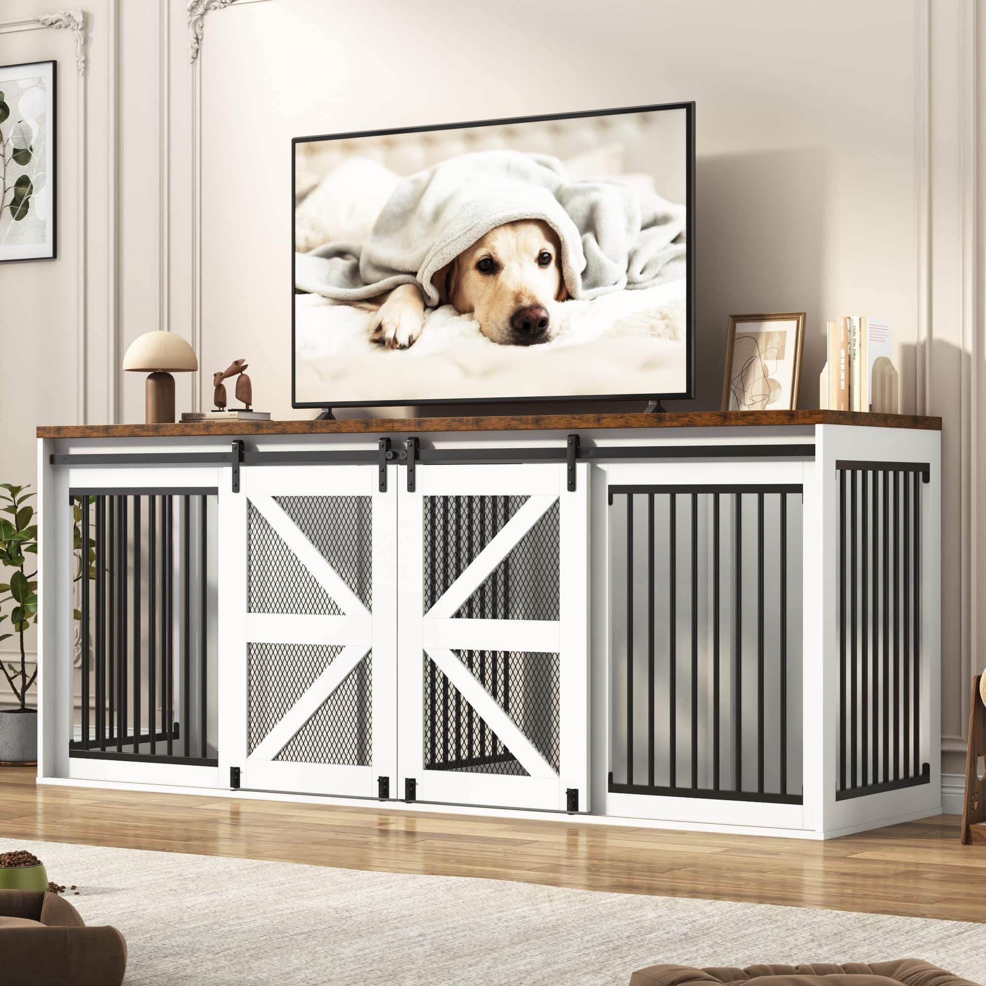 Espafurni - 87In Farmhouse Dog Crate TV Stand - 2 - Dog Capacity, Sliding Mesh Door