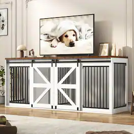 Espafurni - 87In Farmhouse Dog Crate TV Stand - 2 - Dog Capacity, Sliding Mesh Door