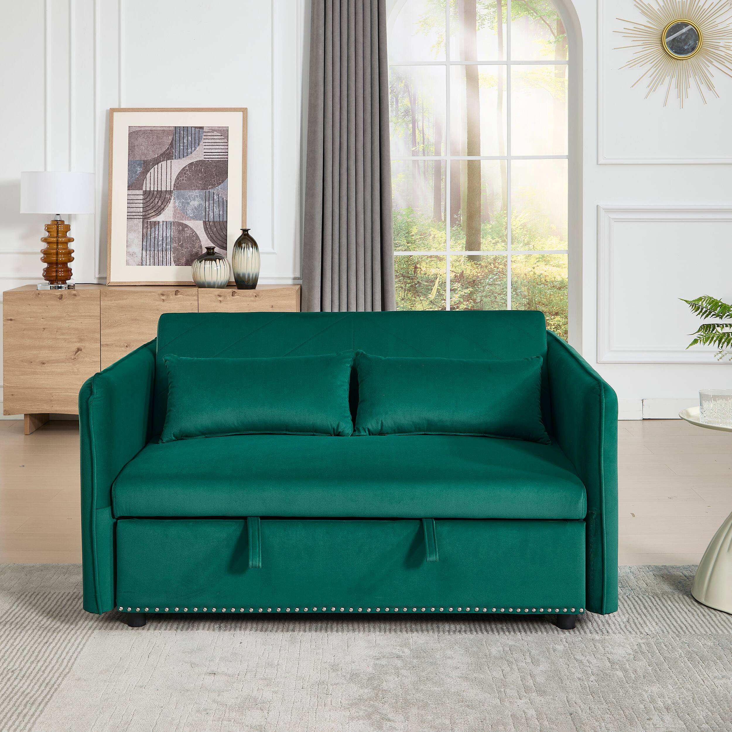 Alt View 2. Tiramisubest - 3 in 1 Convertible Sleeper Futon Sofa Bed,55" Velvet Loveseat with 2 Pillows,Reclining Backrest & Side Pockets,Green - Green.