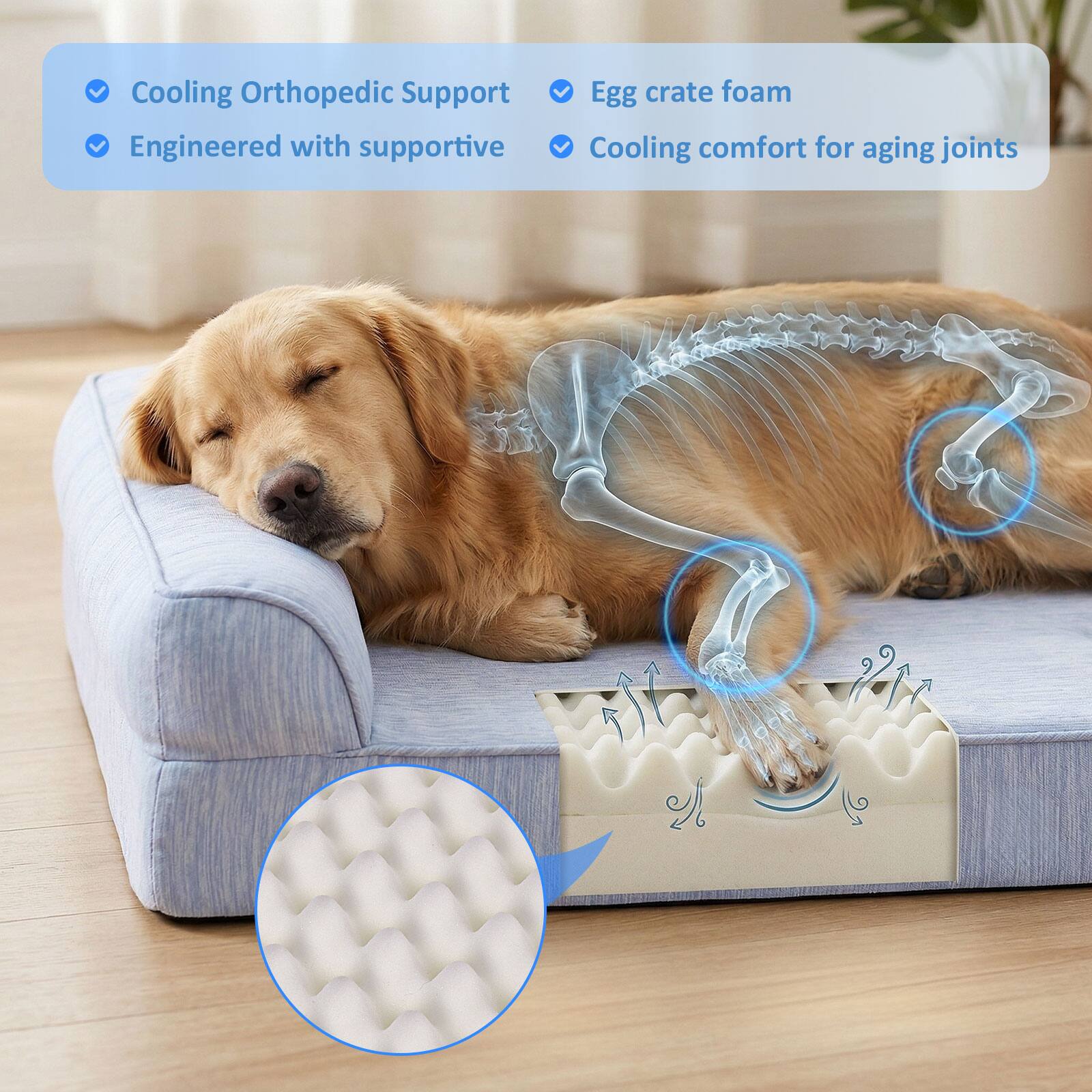 - Cooling Orthopedic Support
- Engineered with supportive egg crate foam
- Cooling comfort for aging joints