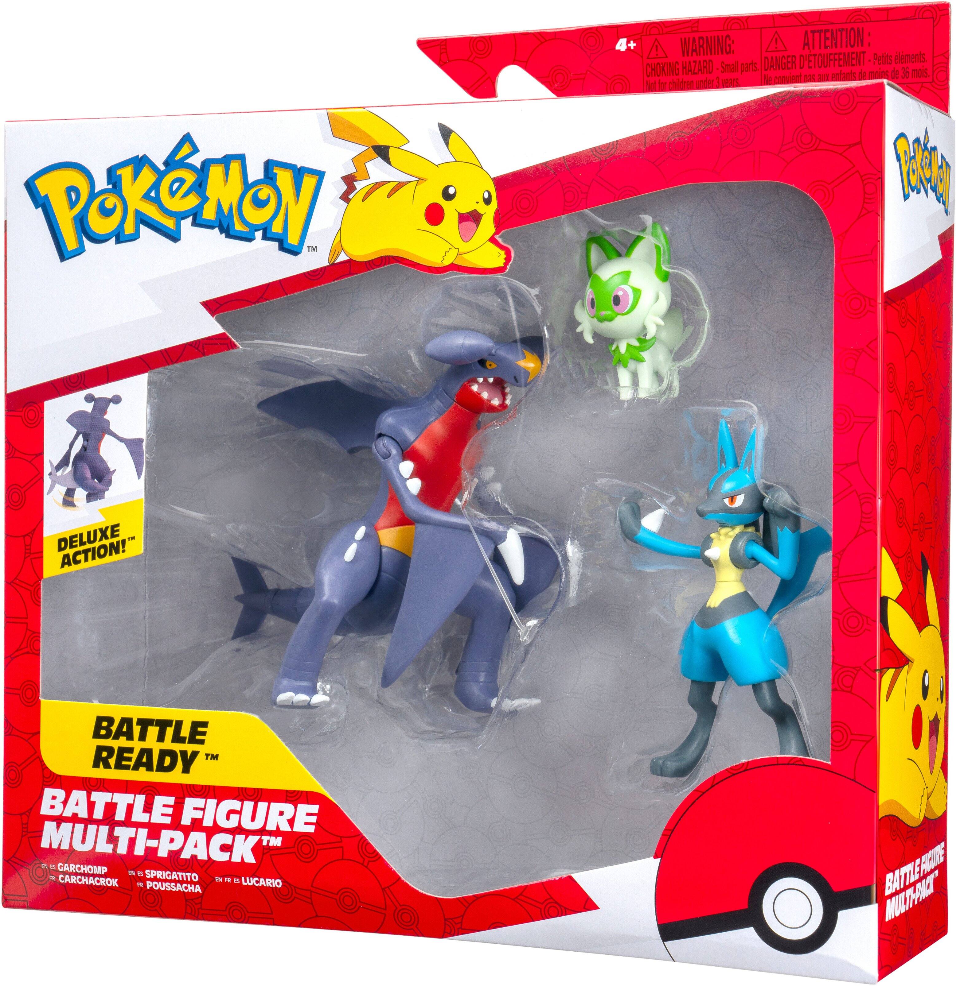 POKÉMON  
WARNING: ATTENTION: DANGER D'ÉTOUFFEMENT  
CHOKING HAZARD - Small parts. Not for children under 3 years.  
DE LUXE ACTION!™  
BATTLE READY™  
BATTLE FIGURE MULTI-PACK™  
GARCHOMP - SPRIGATITO - CARCHAROAR - LUCARIO  
POUSSACHA