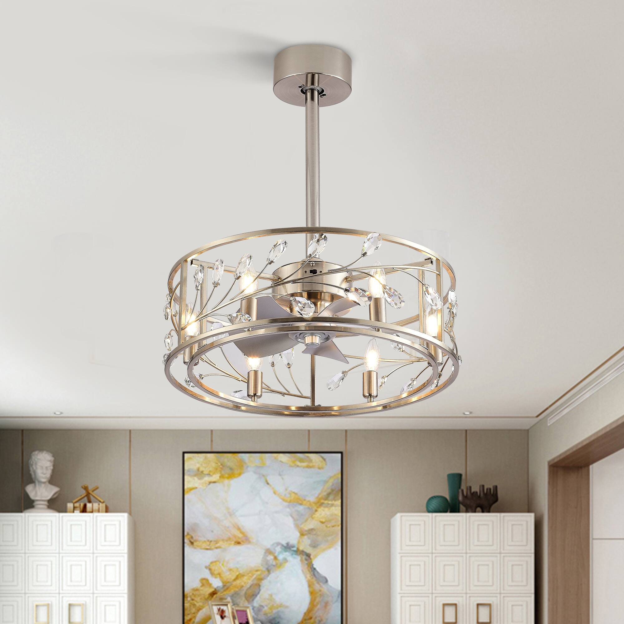 Alt View 9. Breezary - 20'' Traditional Caged Ceiling Fan with 5 ABS Blades, 6''&10''Downrods, DC Motor, 6-Speed Remote Control, Timer - Satin Nickel and Silver.