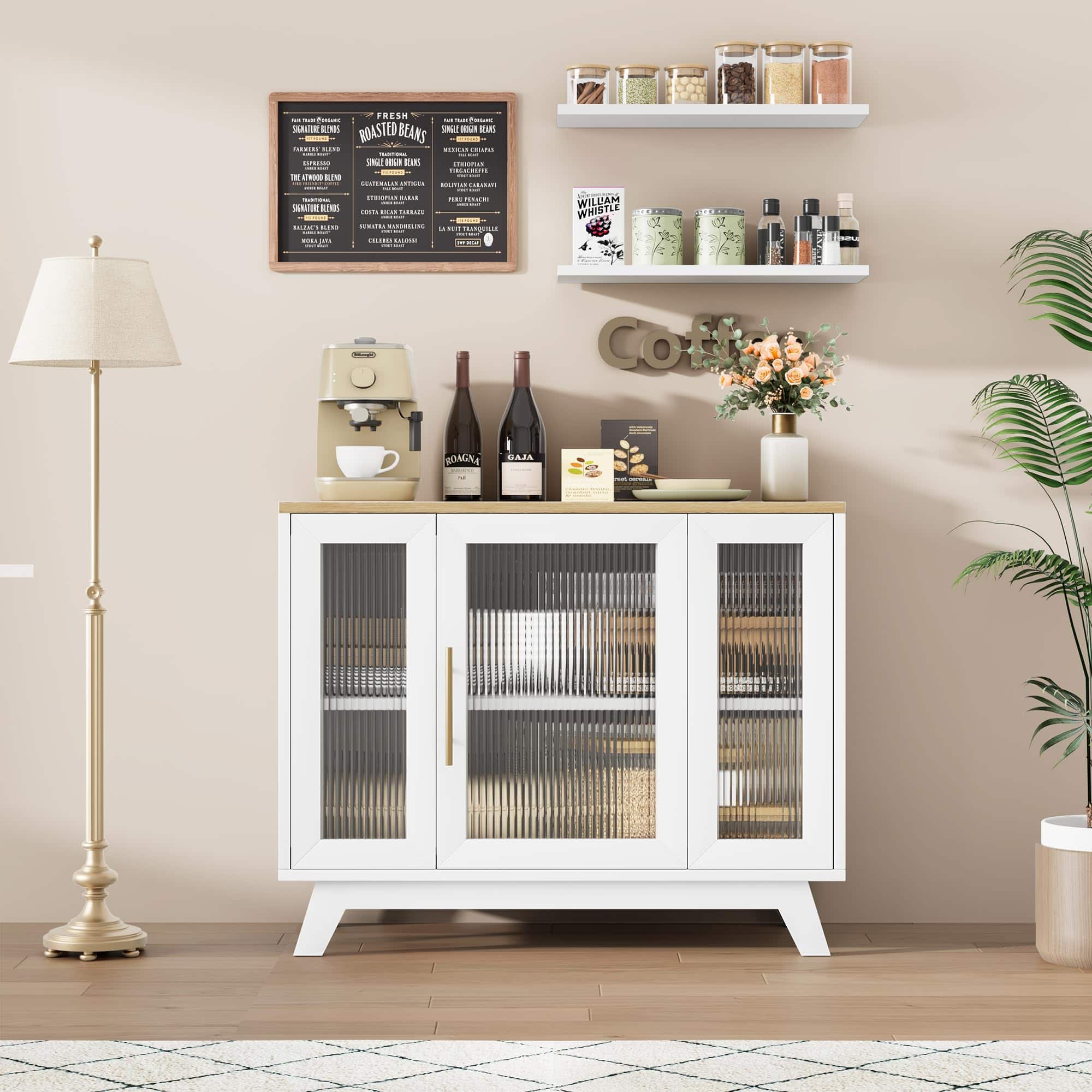 Jojoka - 36" Buffet Cabinet with Adjustable Shelves, Fluted Glass Door & Gold Handle, Modern Coffee Bar - White and Oak