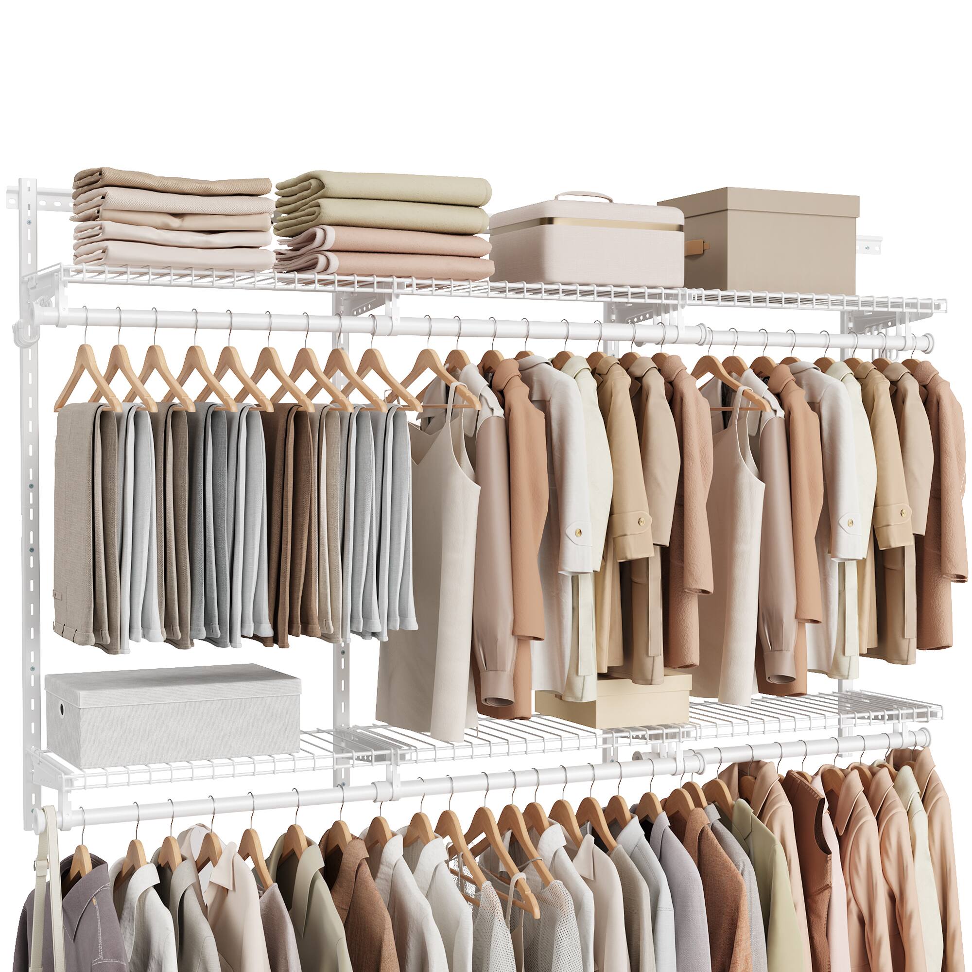 Angle. Songmics Home - Closet System, Closet Insert Organizer, 4-8 ft, Adjustable Metal Shelving Unit with 6 Hanging Rods, 6 Shelves, and Hooks - Cloud White.