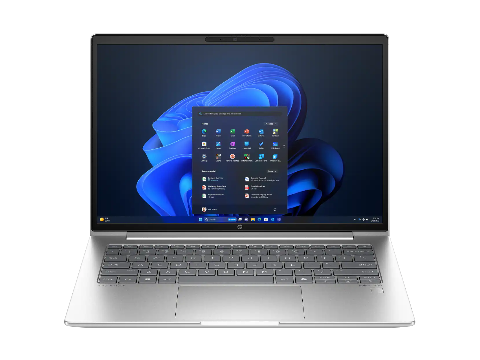 Sure, here is the corrected and grouped text from the image:
---
**Search for apps, settings, and documents**
**Pinned**
- Edge
- Word
- Excel
- PowerPoint
- Outlook
- Teams
- Microsoft Store
- Photos
- Chat
- Phone Link
- To Do
- Whiteboard
- Settings
- Sports
- Remote Desktop
- Game Pass
- Company Portal
- Windows 10
**Recommended**
- Business Overview
- Marketing Toolkit
- Business Guide
- Expense Worksheet
- Cosmos Company Profile
**Recent**
- Jack Patton
**All apps...**
**Search**
---
**27°C Sunny**
**2:29 PM 20/03/2023**
---
**HP**
---
**Keyboard Layout:**
- Q W E R T Y U I O P
- A S D F G H J K L
- Z X C V B N M
---
**Special Keys:**
- CAPS SHIFT
- CTRL ALT
- FN
- ENTER
- SHIFT
- ALT
- FN
- HP
- HP
- HP
- HP
- HP
- HP
- HP
- HP
- HP
-