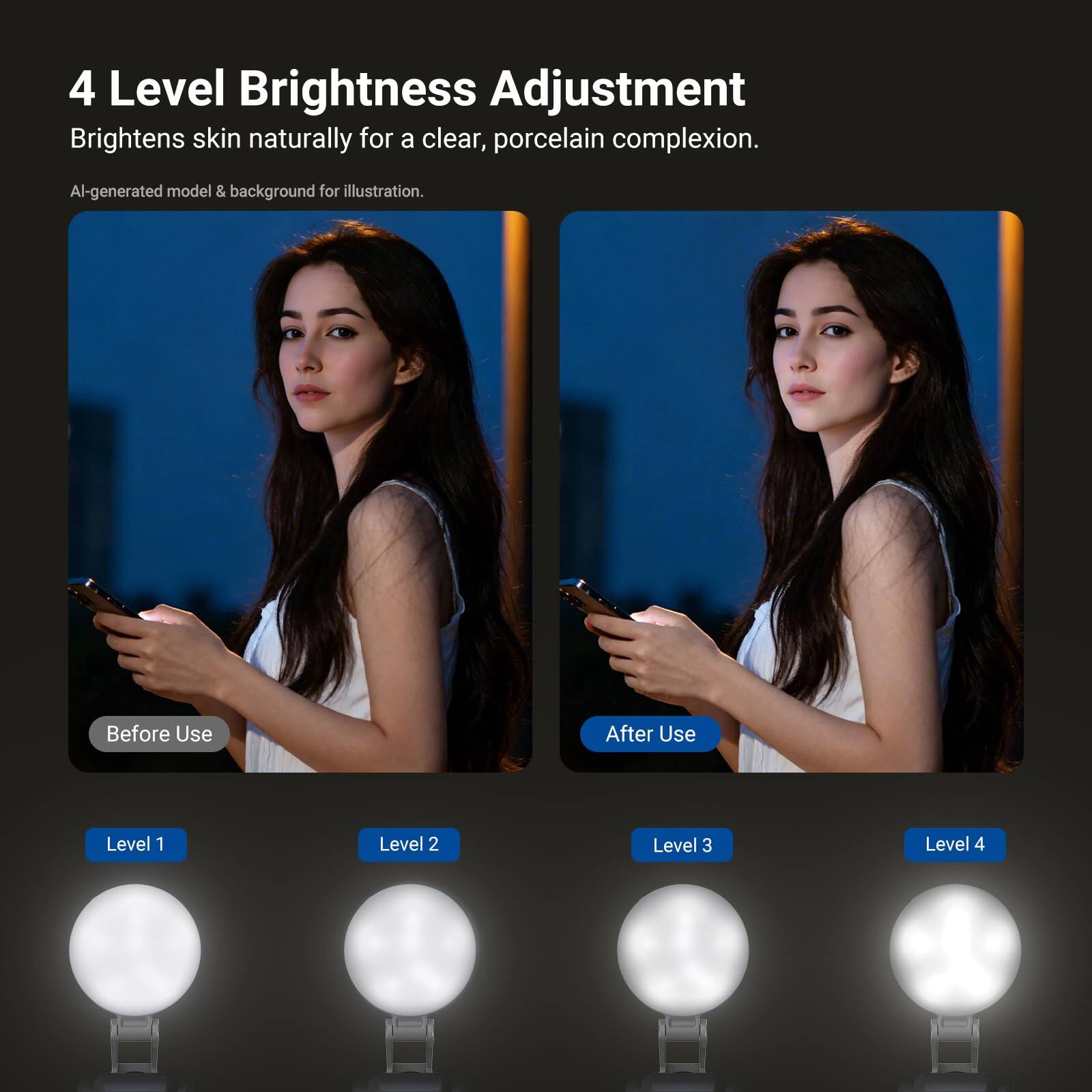 4 Level Brightness Adjustment  
Brightens skin naturally for a clear, porcelain complexion.  
AI-generated model & background for illustration.  

Before Use  
After Use  

Level 1  
Level 2  
Level 3  
Level 4