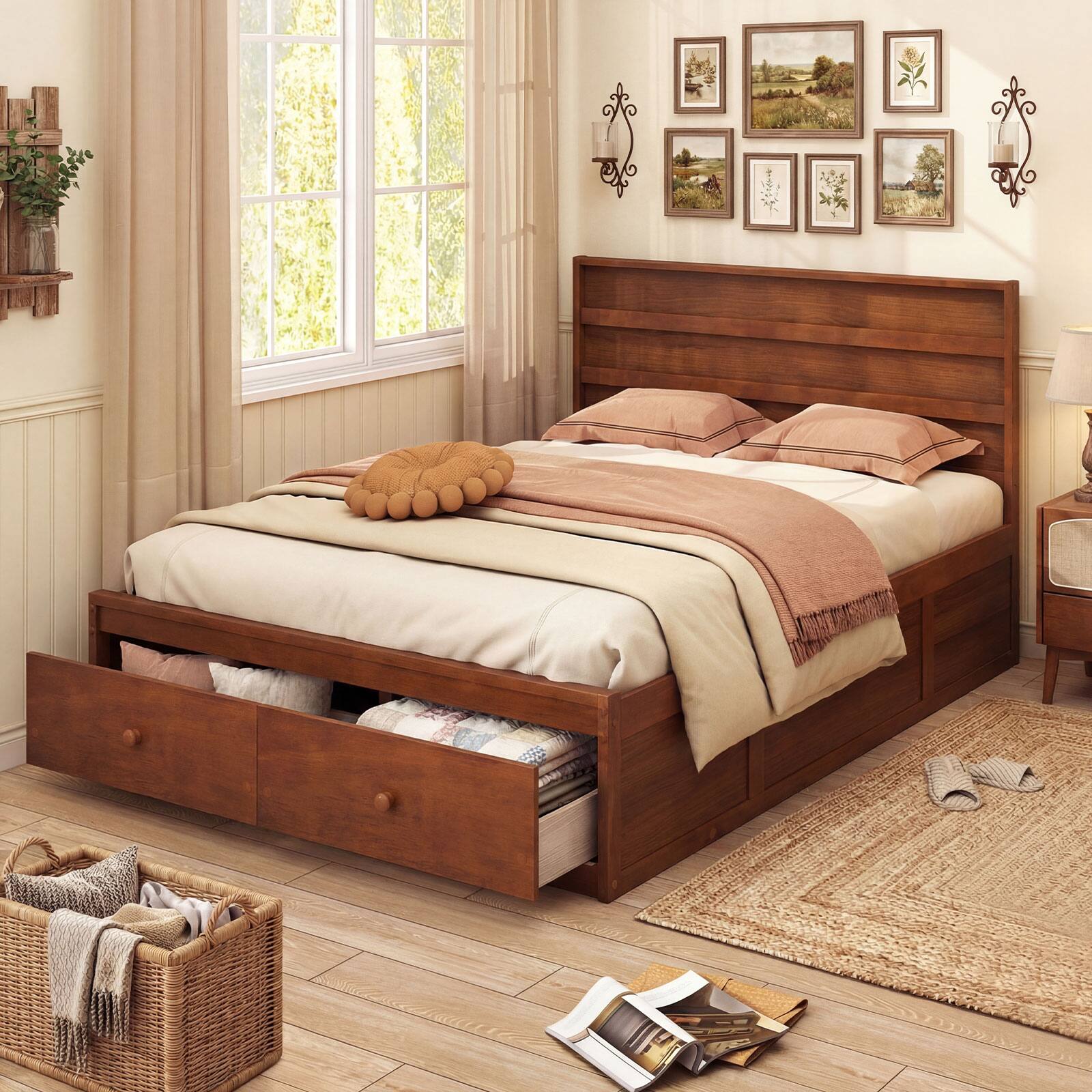 Alt View 3. Gymax - Gymax Full Size Bed Frame w/Storage Drawers Headboard Wooden Slat Support Walnut - Brown.