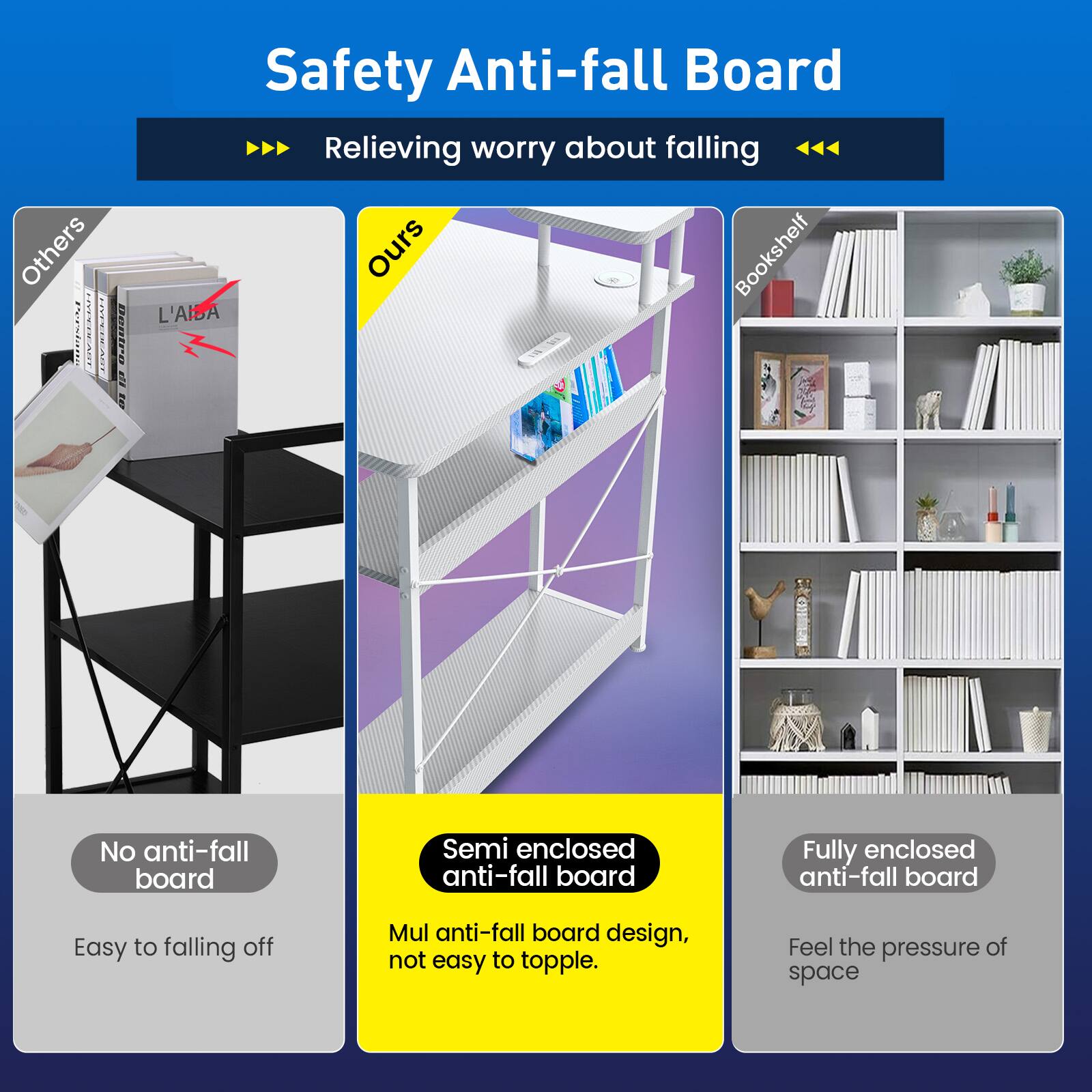 Others: No anti-fall board, Easy to falling off

Ours: Semi enclosed anti-fall board, Mul anti-fall board design, not easy to topple.

Bookshelf: Fully enclosed anti-fall board, Feel the pressure of space