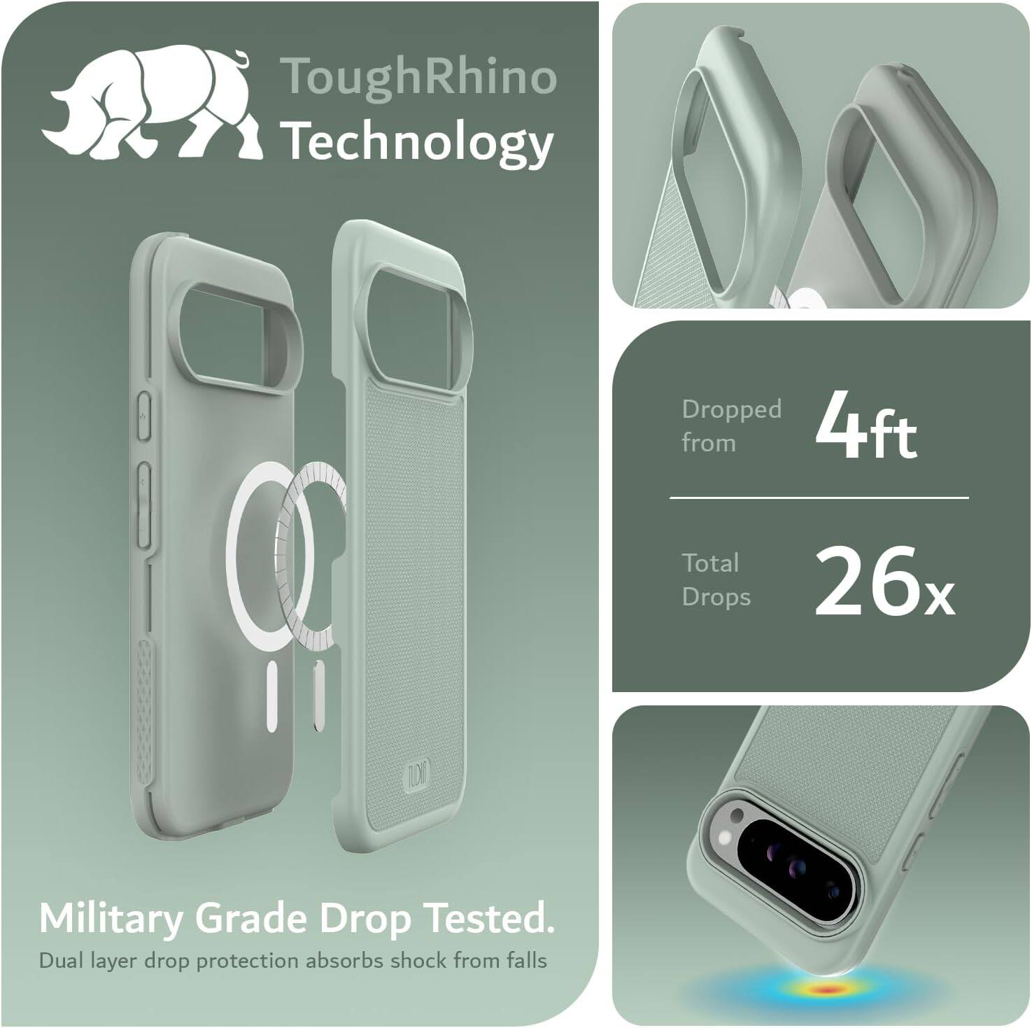 ToughRhino Technology

Military Grade Drop Tested.
Dual layer drop protection absorbs shock from falls.

Dropped from 4ft
Total Drops 26x