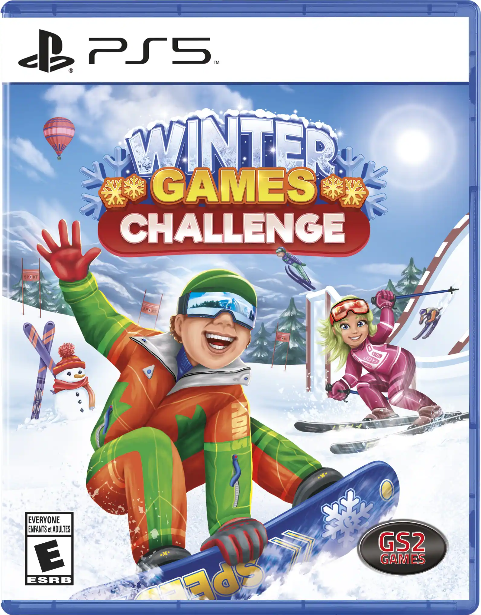 The text on the image is: "Winter Games Challenge SPORTS 1+2 PS5 IM R WINTER GAMES CHALLENGE SPORTS 1+2 EVERYONE ENFANTS et ADULTES E ESRB GS2 GAMES E9 SPE".