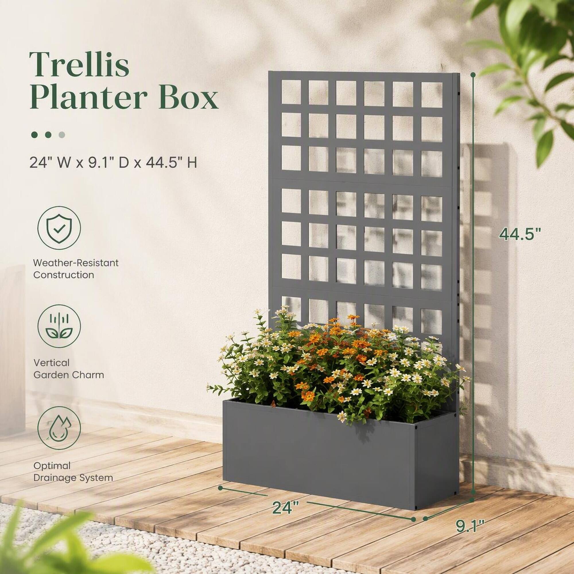 Trellis Planter Box

24" W x 9.1" D x 44.5" H

- Weather-Resistant Construction
- Vertical Garden Charm
- Optimal Drainage System