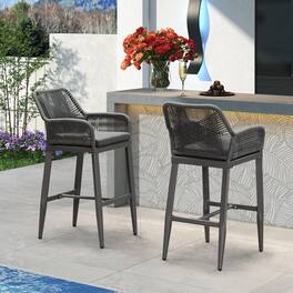 PURPLE LEAF - Outdoor Counter/Bar Height StoolsRattan Wicker Bar Chairs Woven Aluminum Barstools with Back and Cushions Set of 2 - Grey-Bar Stool