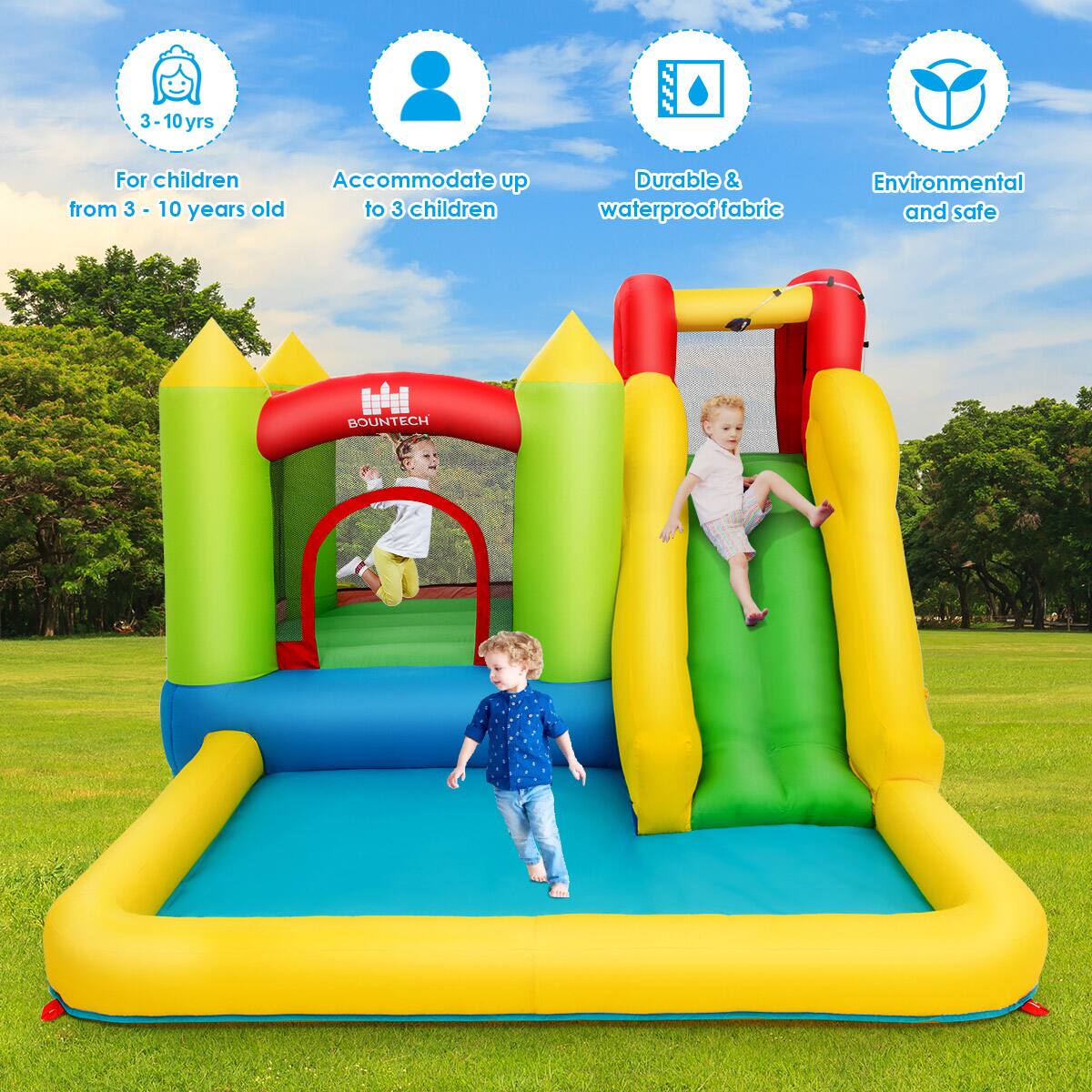 The text on the image is describing a bounce house, which is designed for children aged 3 to 10 years old. The bounce house is made of durable and waterproof fabric, ensuring it is both environmentally friendly and safe for use. The bounce house is also designed to accommodate up to three children at a time, providing a fun and interactive experience for them.
