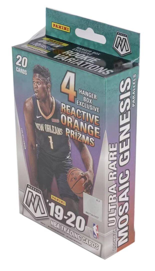 PANINI MOSAIC  
2019-20 NBA TRADING CARDS  

HANGER BOX  
20 CARDS  

4 ROOKIE VARIATIONS  
4 HANGER BOX EXCLUSIVE REACTIVE ORANGE PRIZMS  
ULTRA RARE MOSAIC GENESIS  

NEW ORLEANS  
1 PRIZMS  

MOSAIC GENESIS  
PARALLELS  

PANINI  
NBA TRADING CARDS  

PLF 19-20 NBA N8275845937