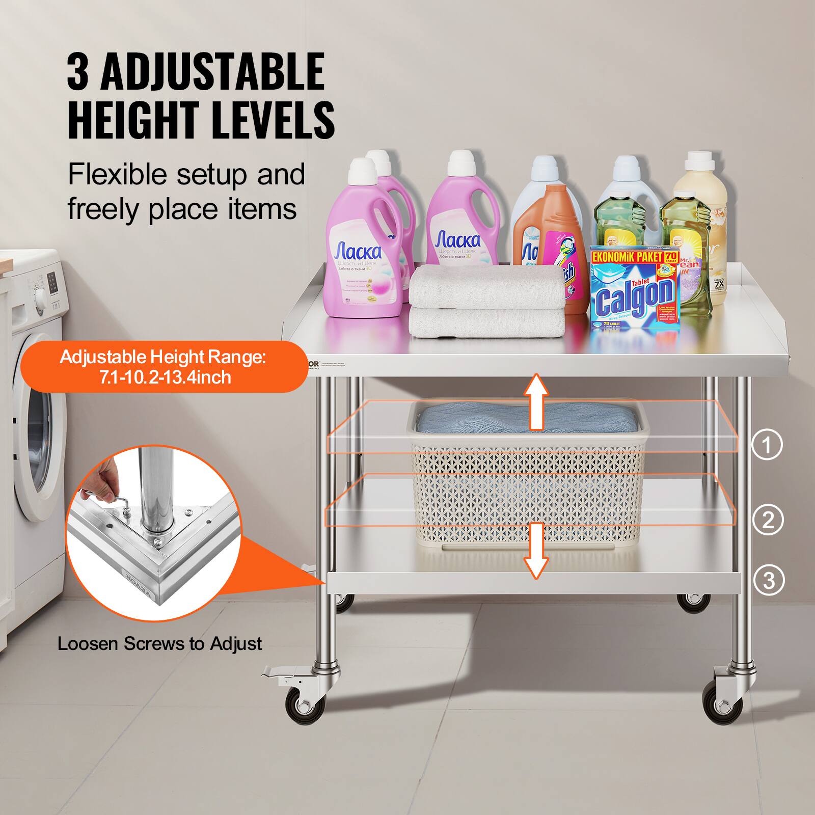 3 ADJUSTABLE HEIGHT LEVELS Flexible setup and freely place items

Adjustable Height Range: 7.1-10.2-13.4inch

Loosen Screws to Adjust