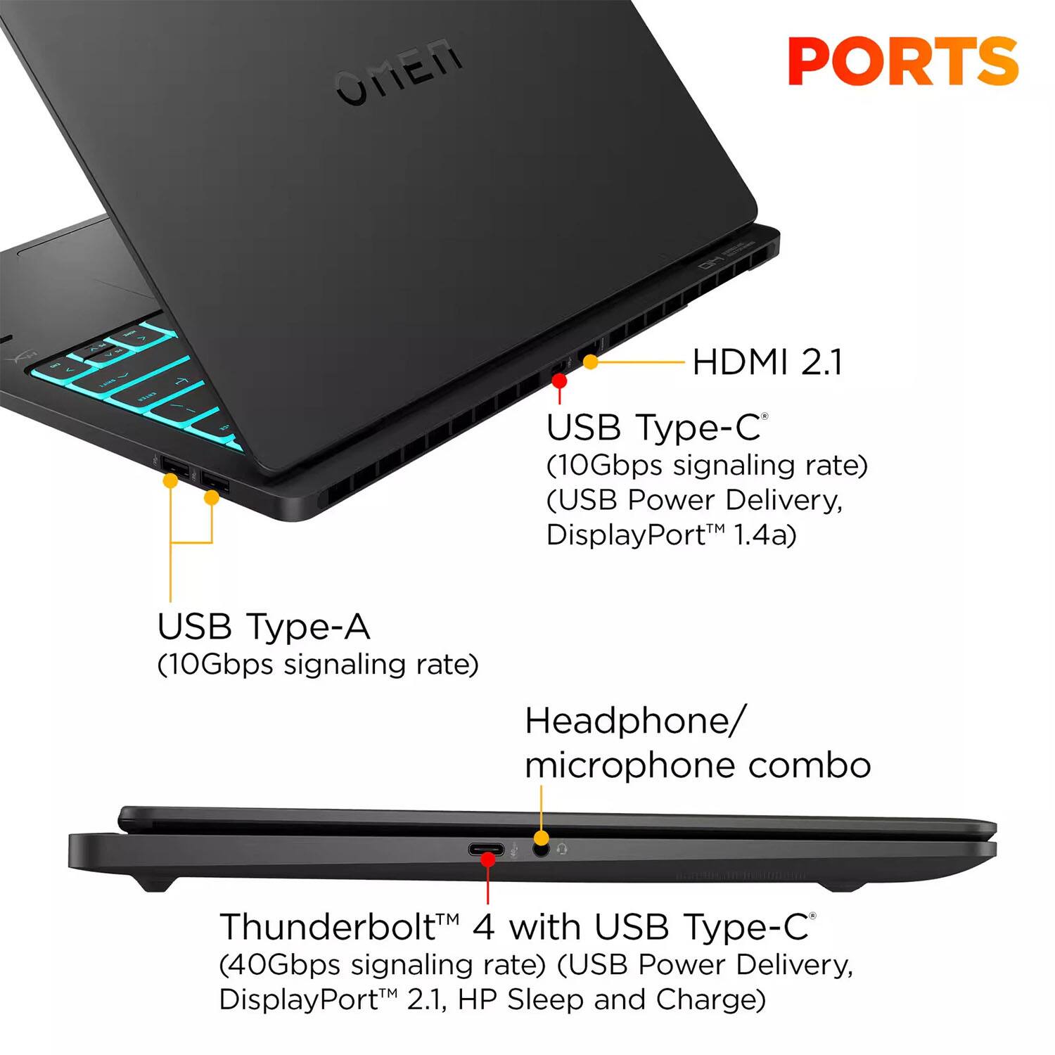 - HDMI 2.1
- USB Type-C (10Gbps signaling rate) (USB Power Delivery, DisplayPort 1.4a)
- USB Type-A (10Gbps signaling rate)
- Headphone/ microphone combo
- Thunderbolt 4 with USB Type-C (40Gbps signaling rate) (USB Power Delivery, DisplayPort 2.1, HP Sleep and Charge)