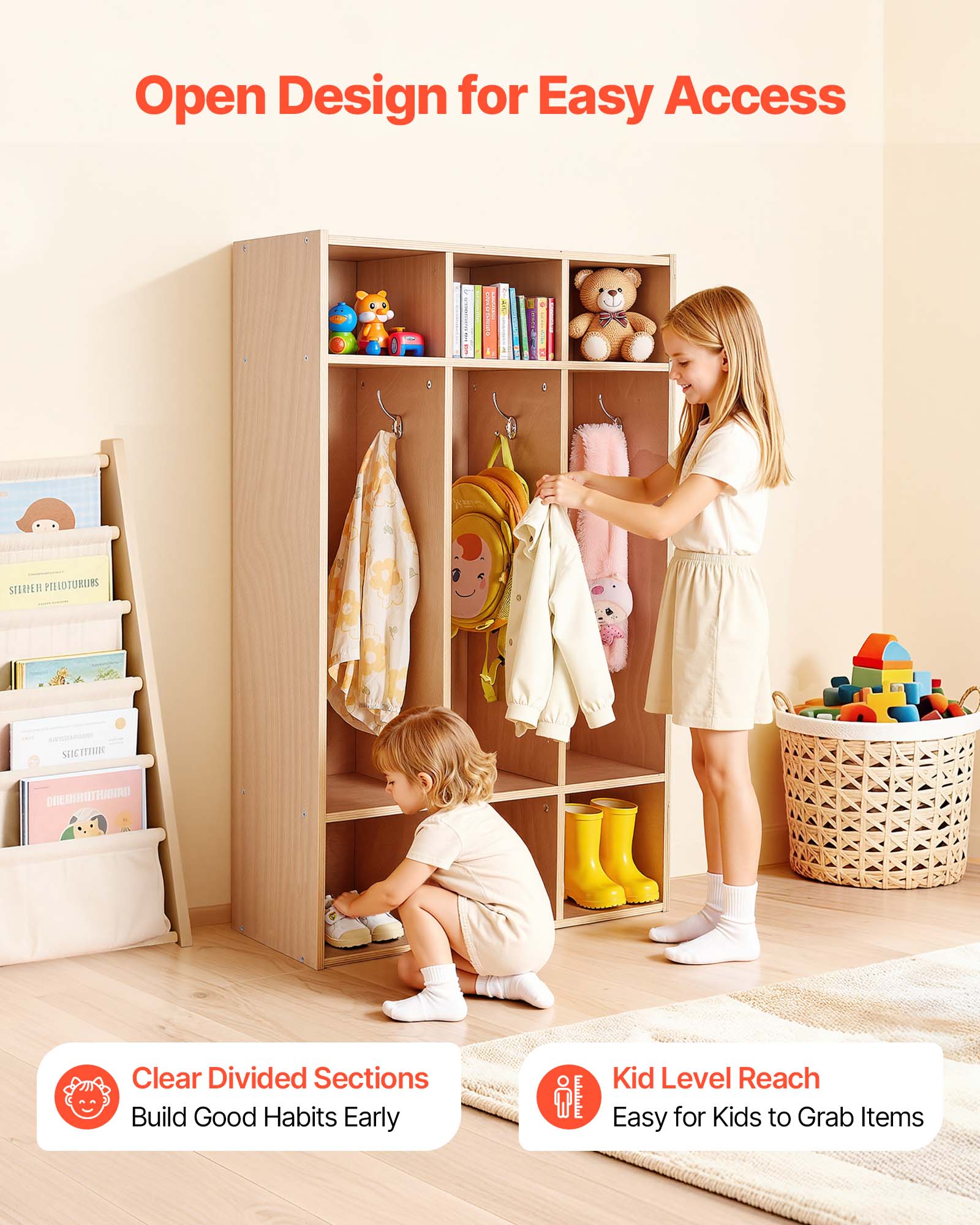 Open Design for Easy Access

Clear Divided Sections
Build Good Habits Early

Kid Level Reach
Easy for Kids to Grab Items