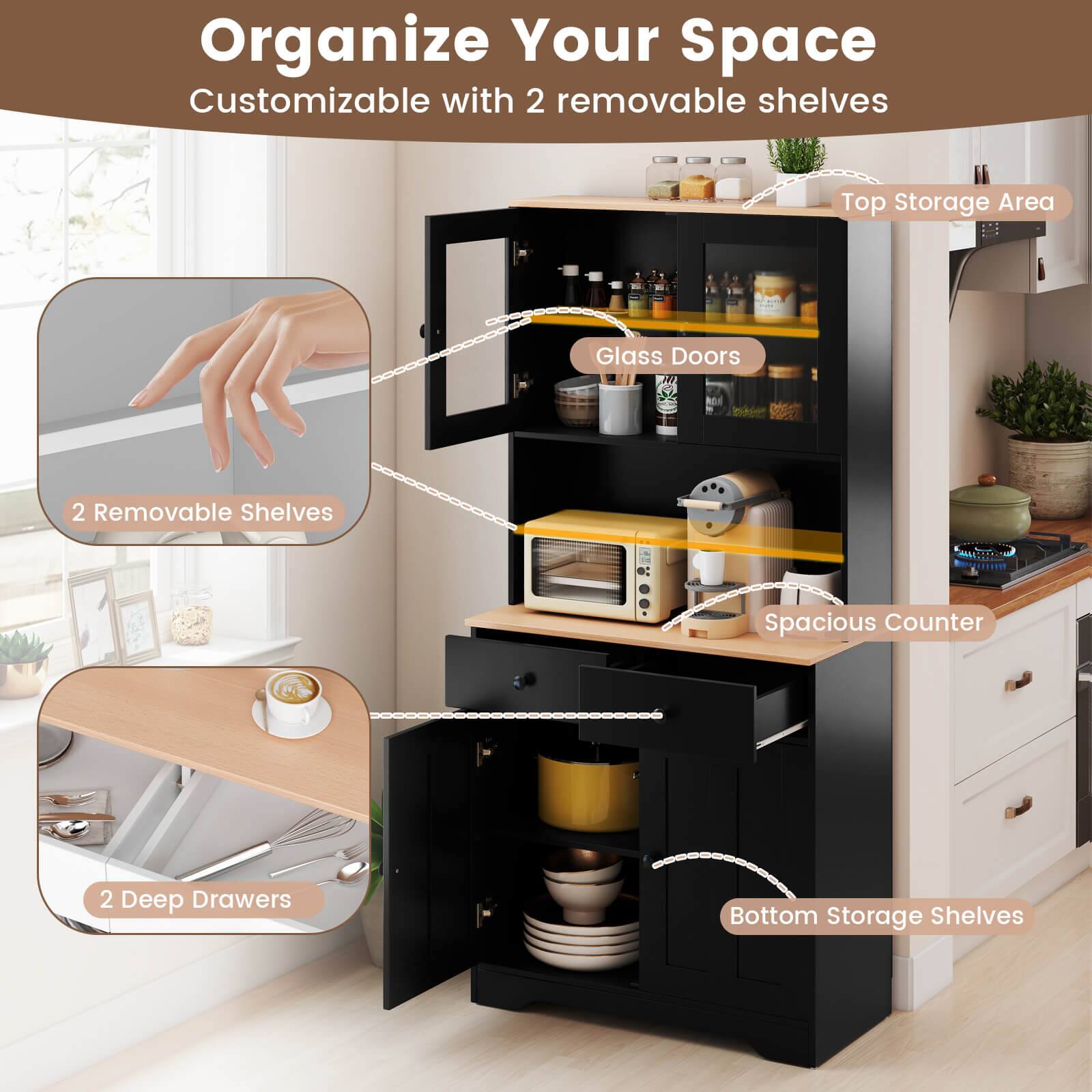 Organize Your Space  
Customizable with 2 removable shelves  

- 2 Removable Shelves  
- Top Storage Area  
- Glass Doors  
- Spacious Counter  
- 2 Deep Drawers  
- Bottom Storage Shelves
