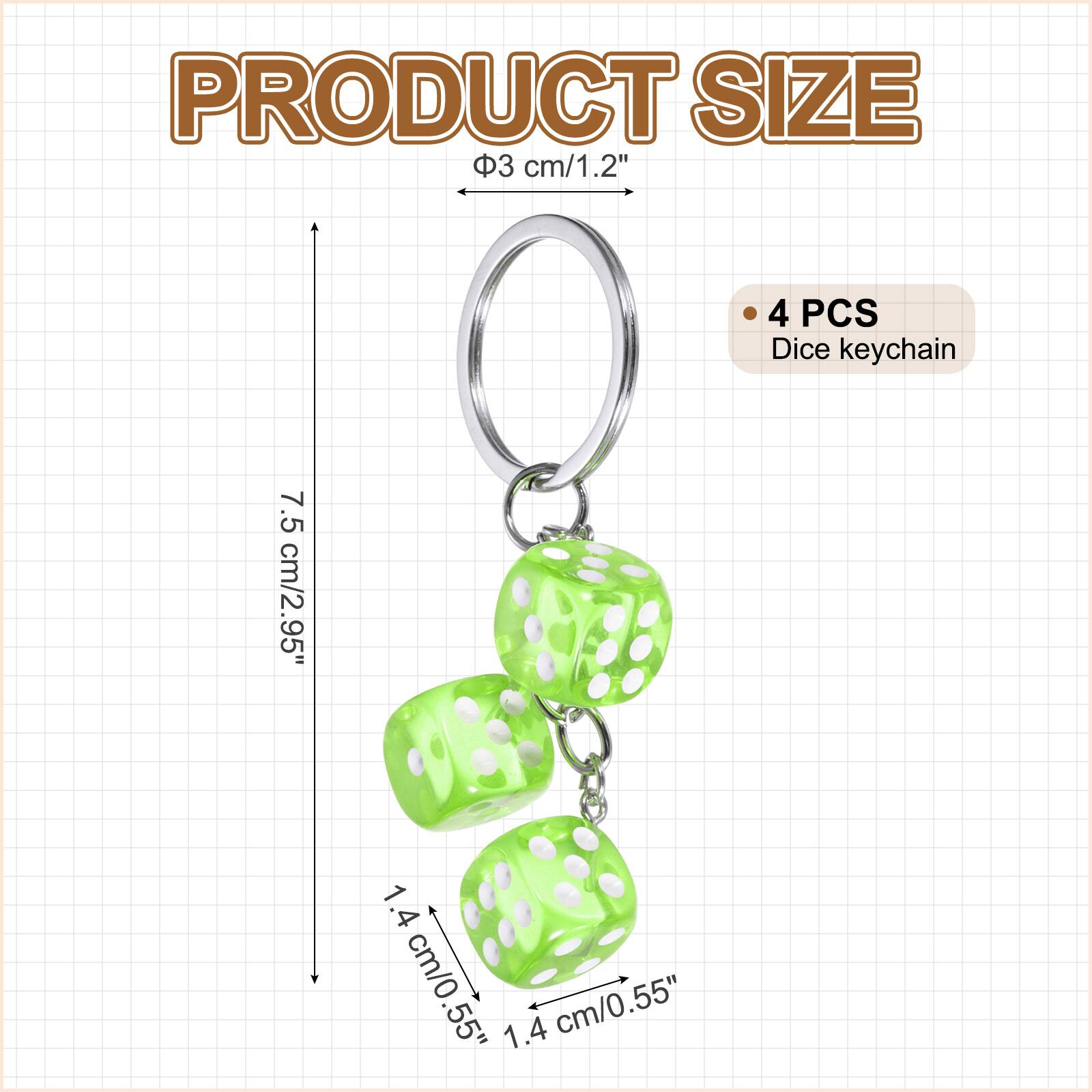 PRODUCT SIZE  
3 cm/1.2"  
7.5 cm/2.95"  
1.4 cm/0.55"  
1.4 cm/0.55"  

4 PCS Dice keychain