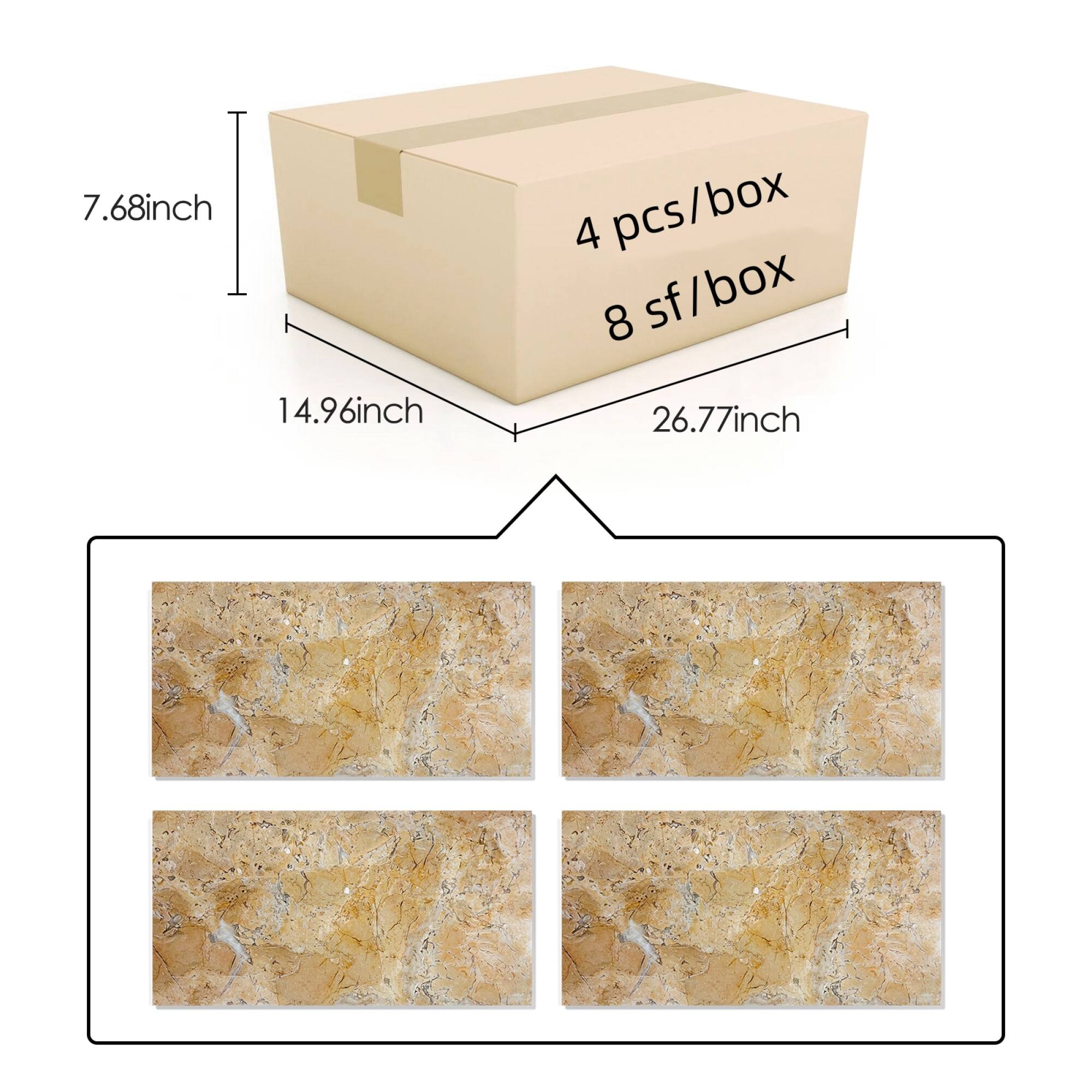 7.68 inch  
14.96 inch  
26.77 inch  

4 pcs/box  
8 sf/box