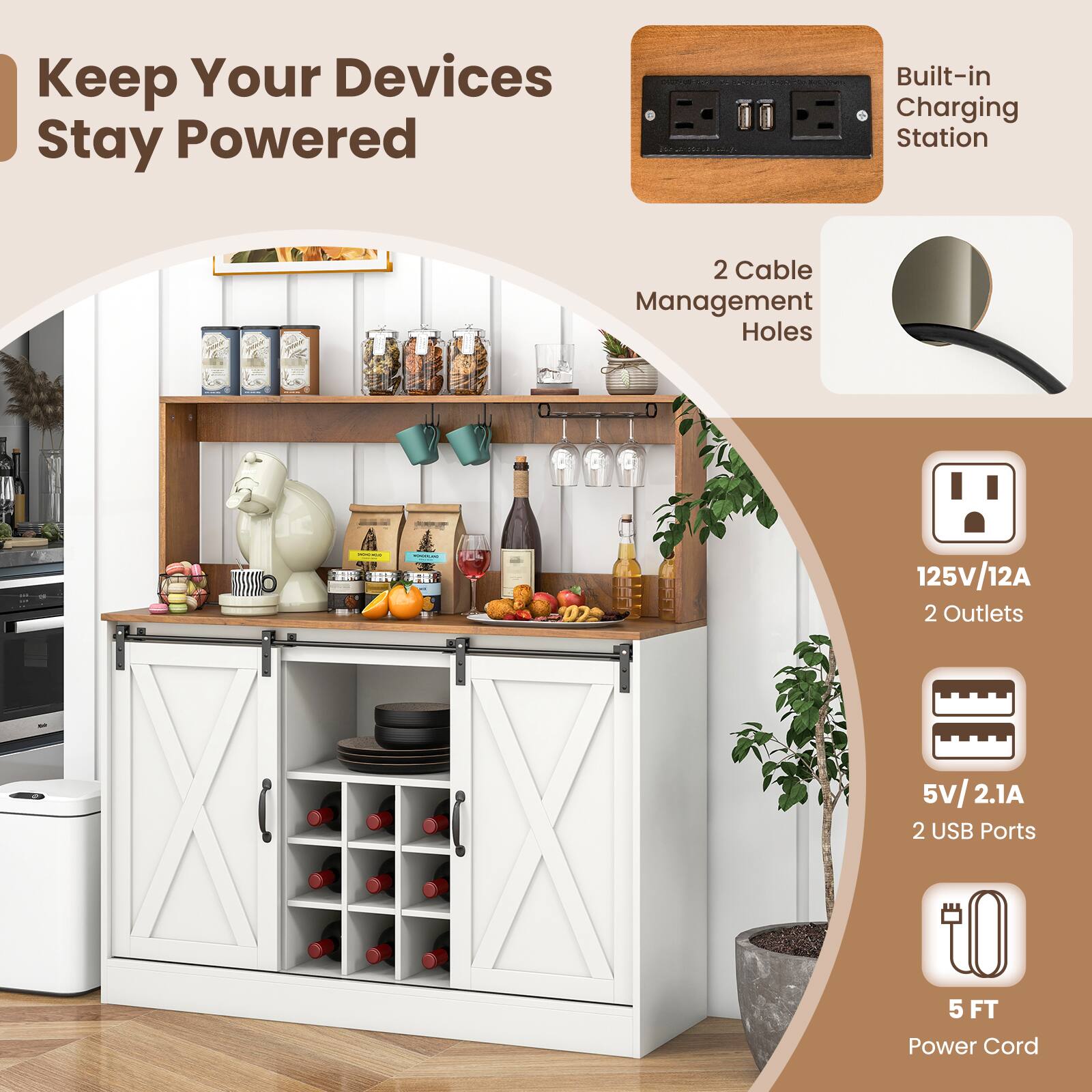 Keep Your Devices Stay Powered, Built-in Charging Station, 2 Cable Management Holes, 125V/12A, 2 Outlets, 5V/2.1A, 2 USB Ports, 5 FT Power Cord