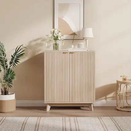 Front. Acekool - Kitchen Storage Cabinet Fluted Cabinet with Storage Buffet Sideboard for Dining Room, Bathroom, Entryway - Off-white.