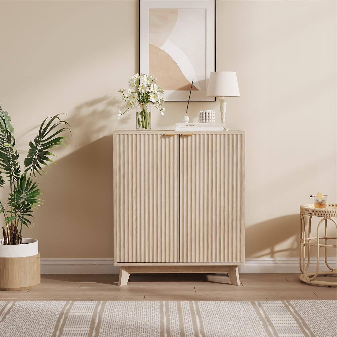Front. Acekool - Kitchen Storage Cabinet Fluted Cabinet with Storage Buffet Sideboard for Dining Room, Bathroom, Entryway - Off-white.