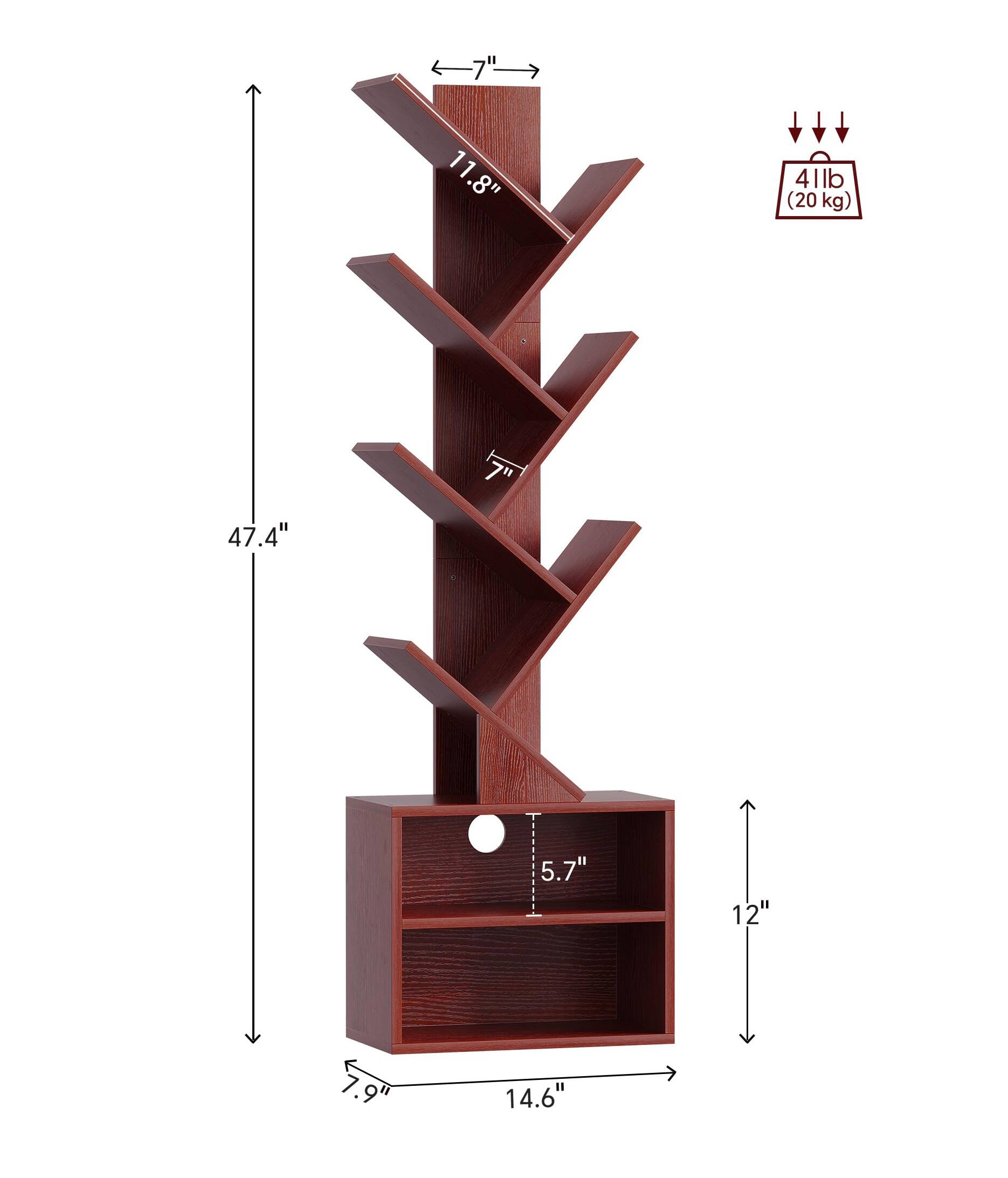 - Height: 47.4"
- Width: 14.6"
- Depth: 7.9"
- Shelf depth: 7"
- Shelf height: 11.8"
- Shelf spacing: 5.7"
- Weight capacity: 41 lb (20 kg)