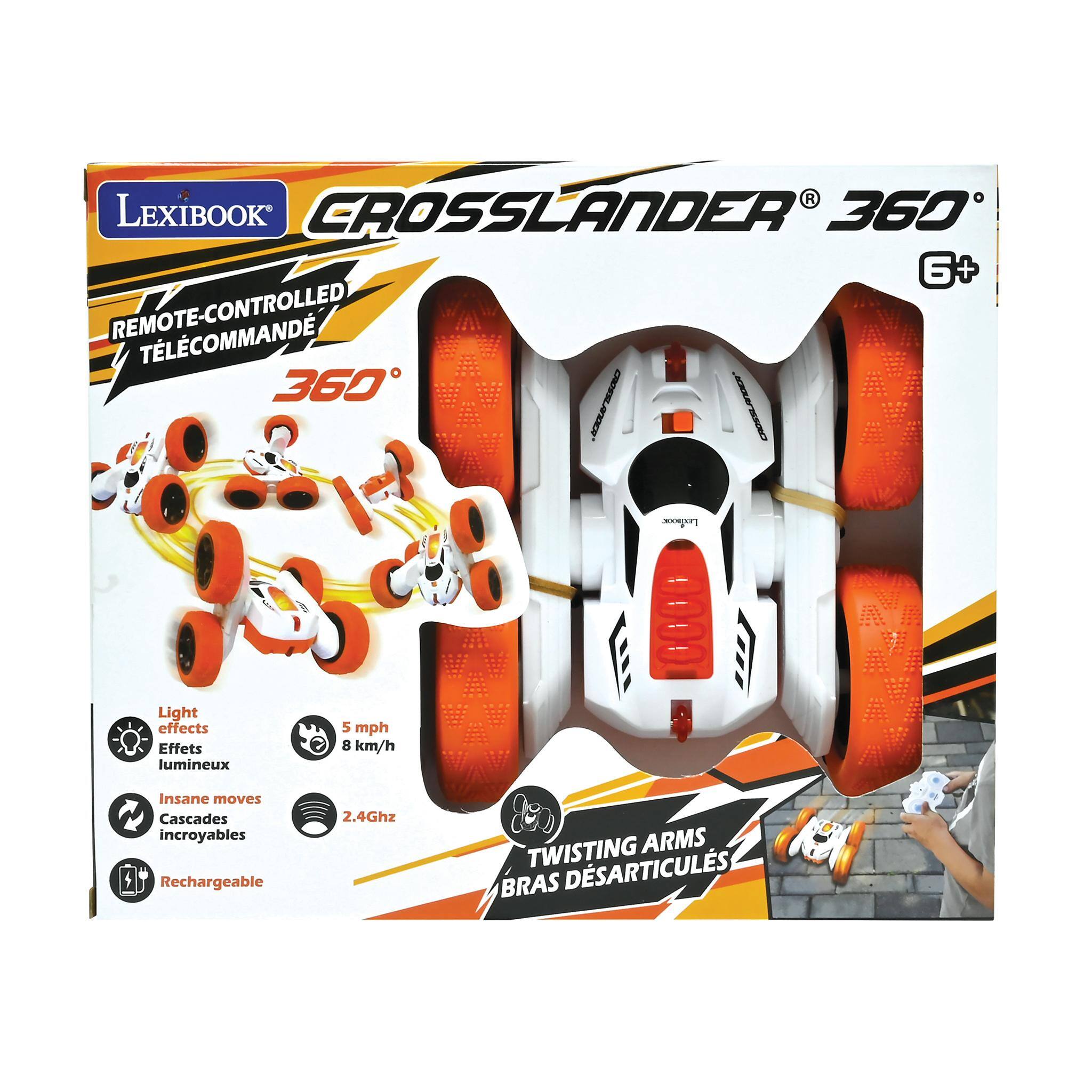LEXIBOOK CROSSLANDER 360 6+ REMOTE-CONTROLLED TÉLÉCOMMANDE 360

Light effects Effets lumineux
5 mph 8 km/h
Insane moves Cascades incroyables Rechargeable
2.4Ghz
TWISTING ARMS BRAS DESARTICULES