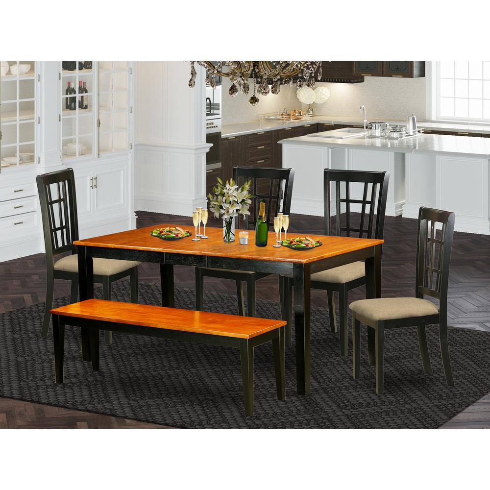 Back. East West Furniture - NICO6-BLK-C 6 PC Kitchen Table set-Dining Table and 4 Dining Chairs plus a bench in Black - Black & Cherry.