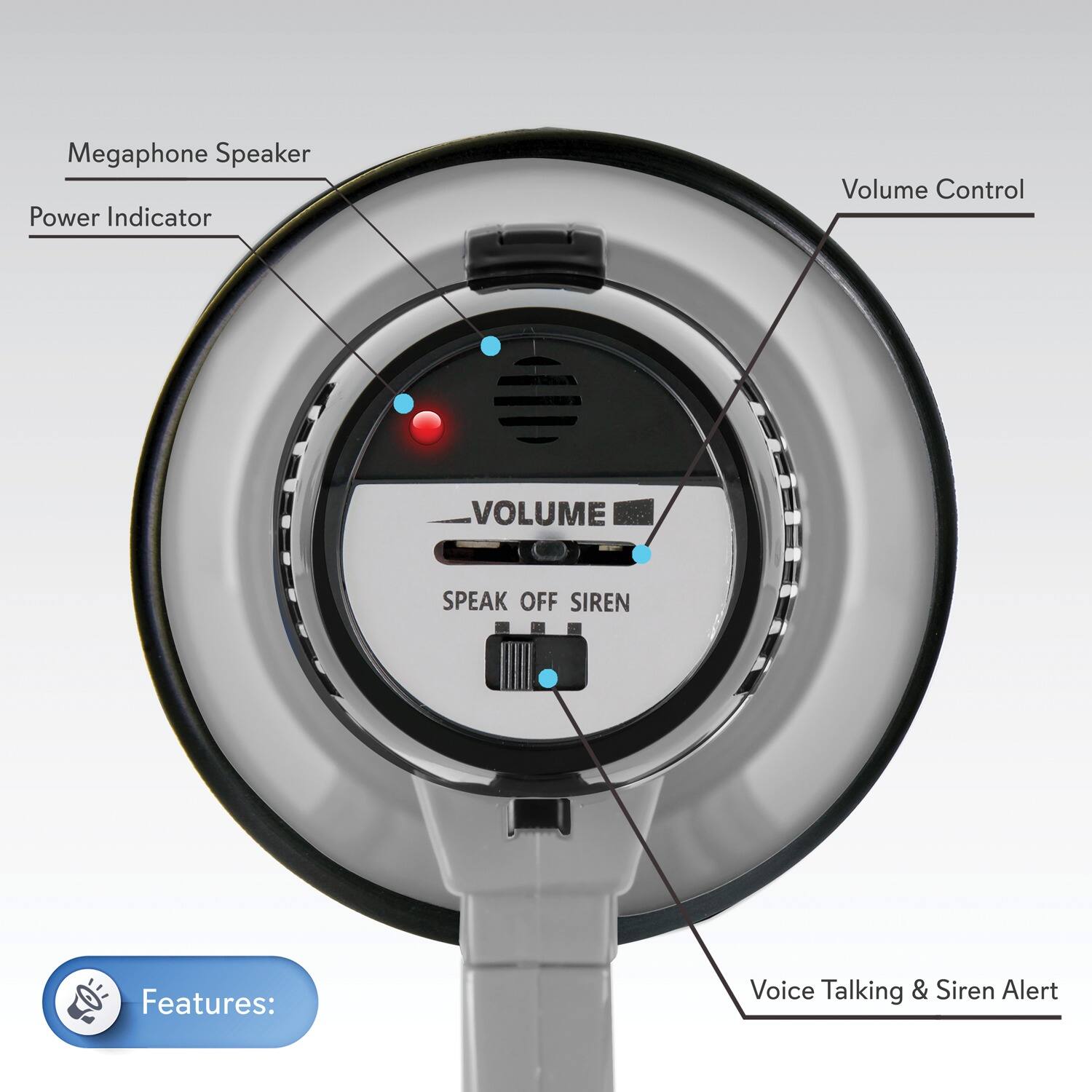 Megaphone Speaker  
Power Indicator  
Volume Control  
VOLUME  
SPEAK OFF SIREN  

Features:  
Voice Talking & Siren Alert